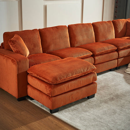 Modern U Shaped 6-seat Sectional Sofa Couch with one Ottoman and three toss pillows ,Modular Sofa for Living Room,Corduroy sofa - 1st Choice Furniture Direct