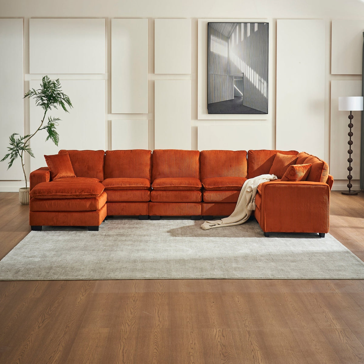 Modern U Shaped 6-seat Sectional Sofa Couch with one Ottoman and three toss pillows ,Modular Sofa for Living Room,Corduroy sofa - 1st Choice Furniture Direct