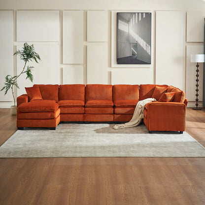 Modern U Shaped 6-seat Sectional Sofa Couch with one Ottoman and three toss pillows ,Modular Sofa for Living Room,Corduroy sofa - 1st Choice Furniture Direct