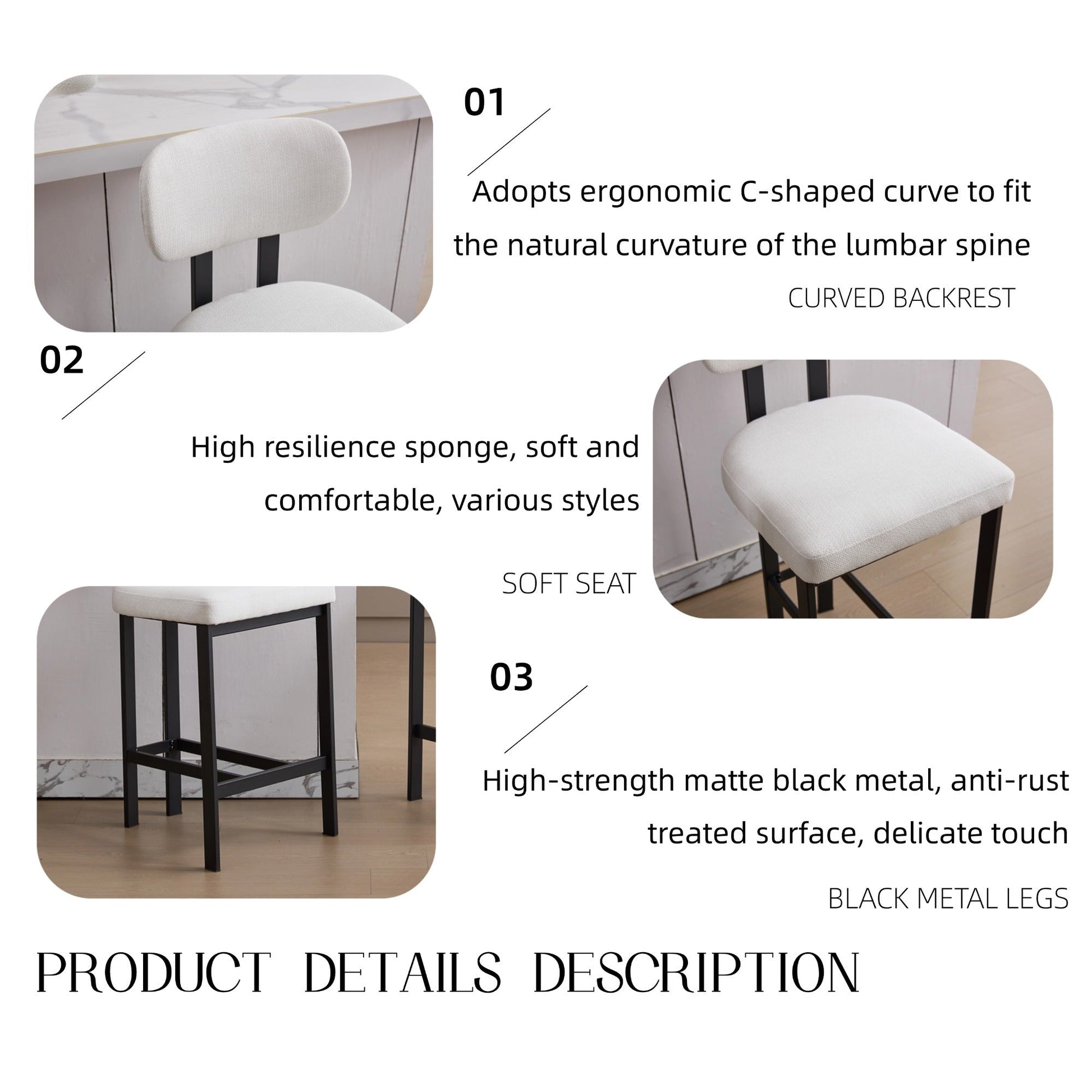 Modern Upholstered Fabric Bar Stools Set of 2, Cream, 26 Inch Counter Height Kitchen Island Chairs with Black Metal Legs - 1st Choice Furniture Direct