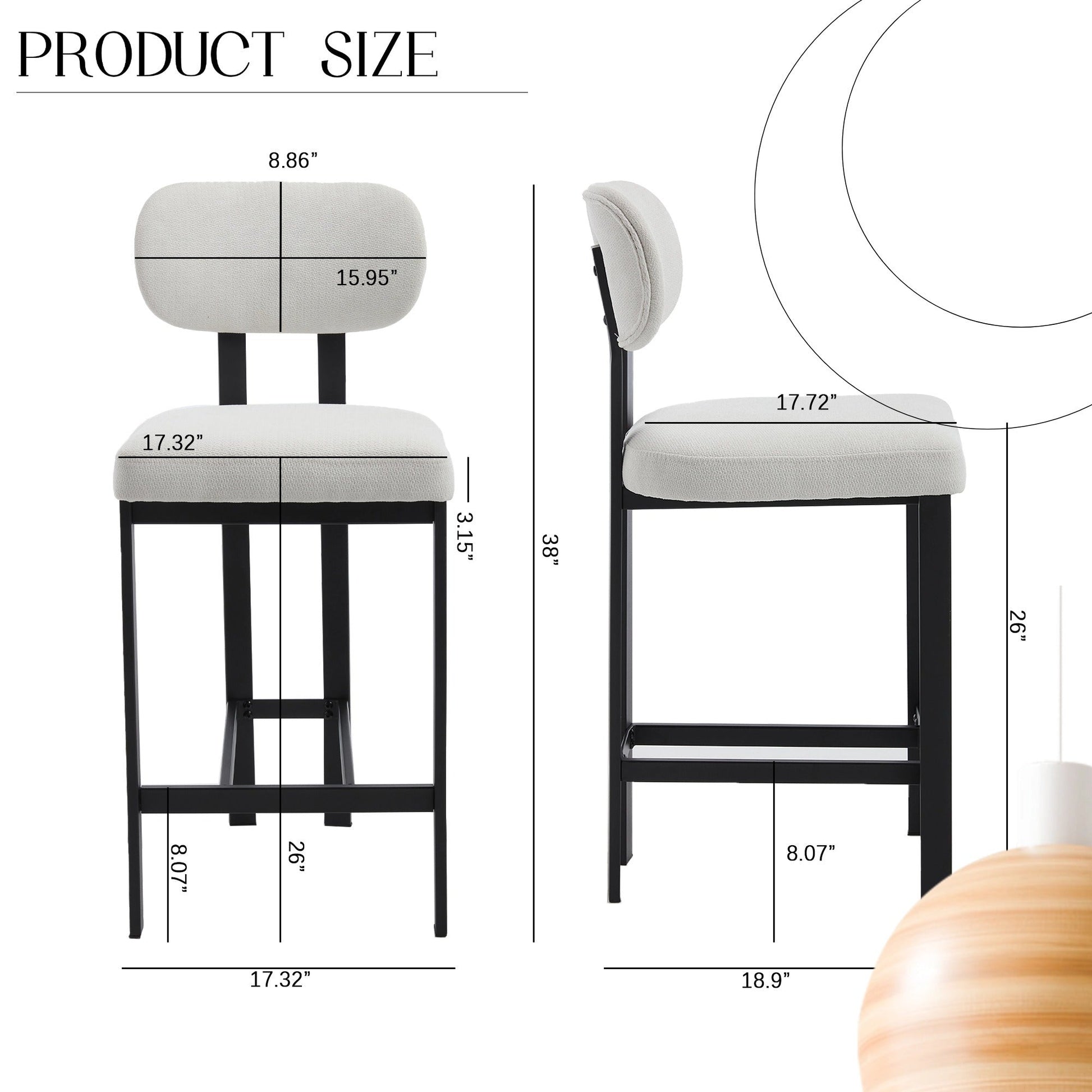 Modern Upholstered Fabric Bar Stools Set of 2, Cream, 26 Inch Counter Height Kitchen Island Chairs with Black Metal Legs - 1st Choice Furniture Direct