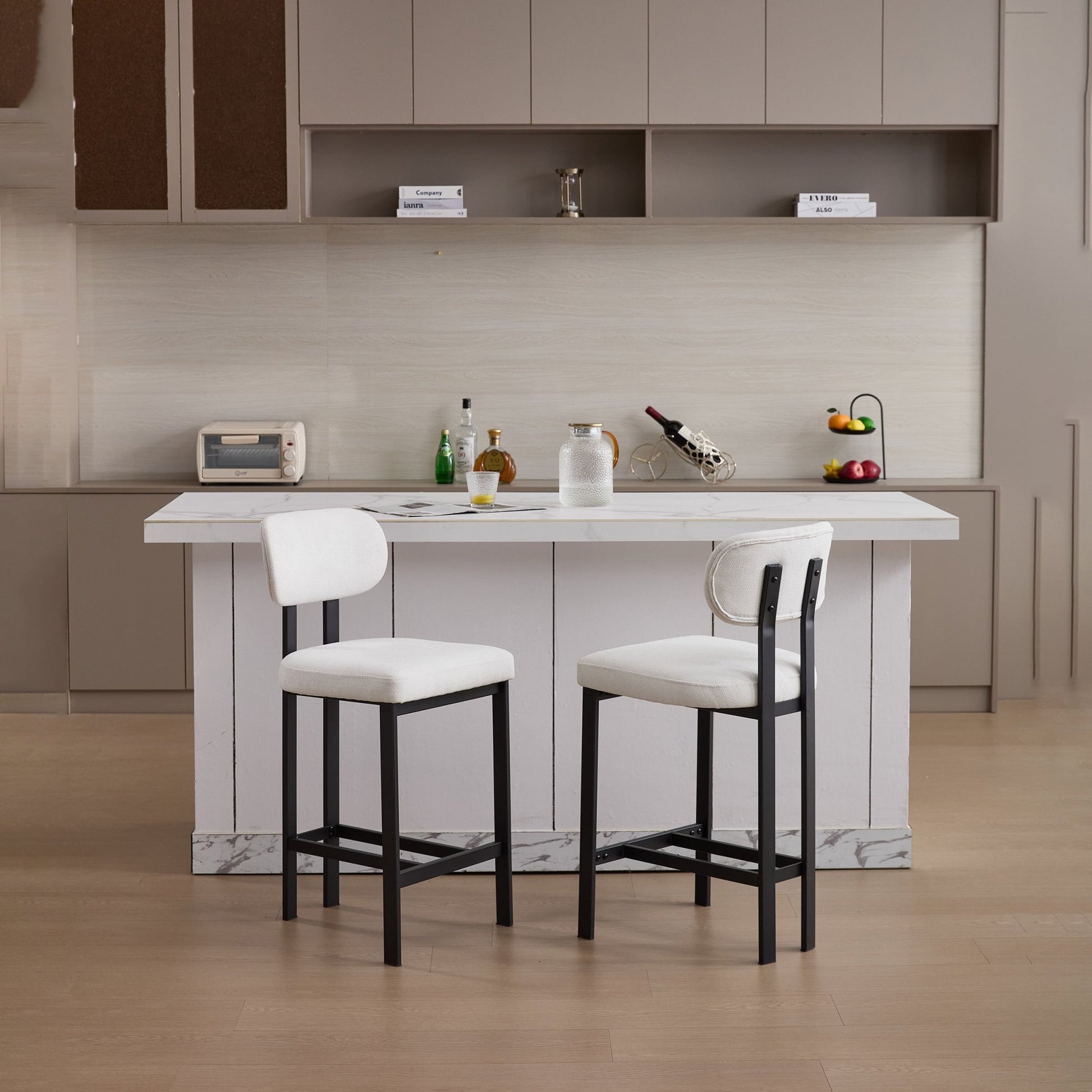 Modern Upholstered Fabric Bar Stools Set of 2, Cream, 26 Inch Counter Height Kitchen Island Chairs with Black Metal Legs - 1st Choice Furniture Direct