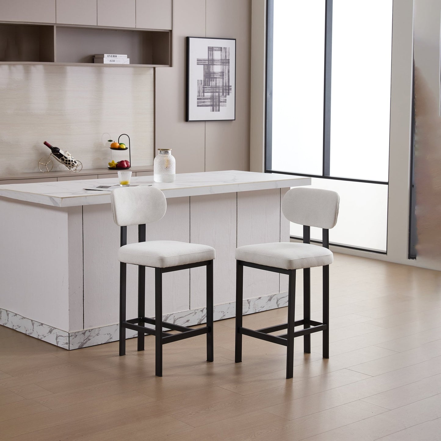 Modern Upholstered Fabric Bar Stools Set of 2, Cream, 26 Inch Counter Height Kitchen Island Chairs with Black Metal Legs - 1st Choice Furniture Direct