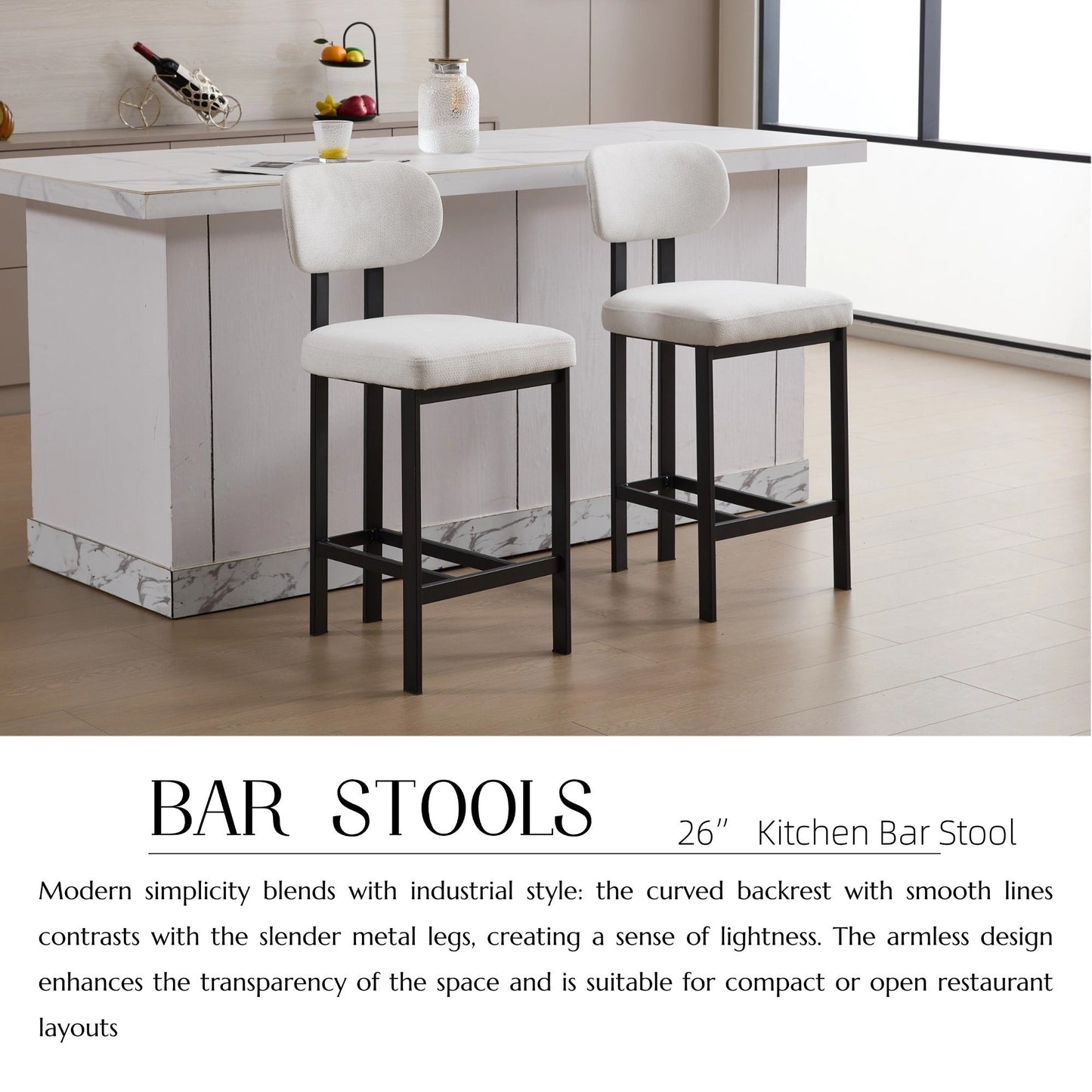 Modern Upholstered Fabric Bar Stools Set of 2, Cream, 26 Inch Counter Height Kitchen Island Chairs with Black Metal Legs - 1st Choice Furniture Direct