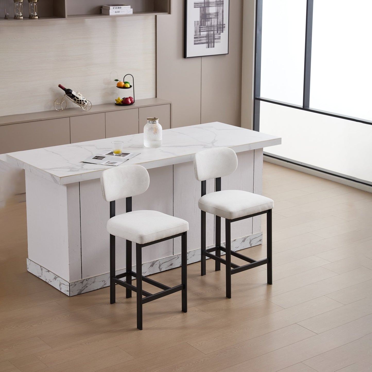 Modern Upholstered Fabric Bar Stools Set of 2, Cream, 26 Inch Counter Height Kitchen Island Chairs with Black Metal Legs - 1st Choice Furniture Direct