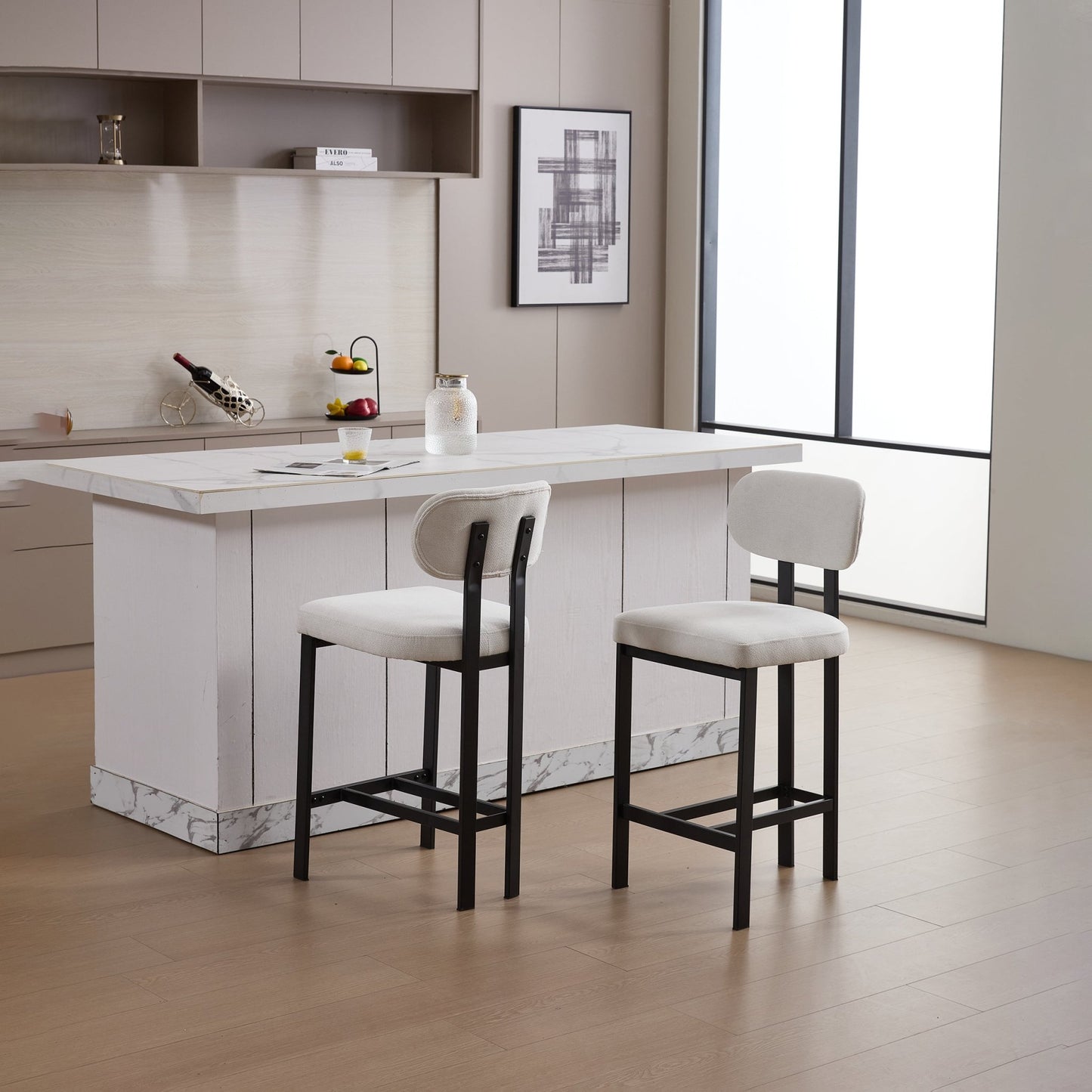 Modern Upholstered Fabric Bar Stools Set of 2, Cream, 26 Inch Counter Height Kitchen Island Chairs with Black Metal Legs - 1st Choice Furniture Direct