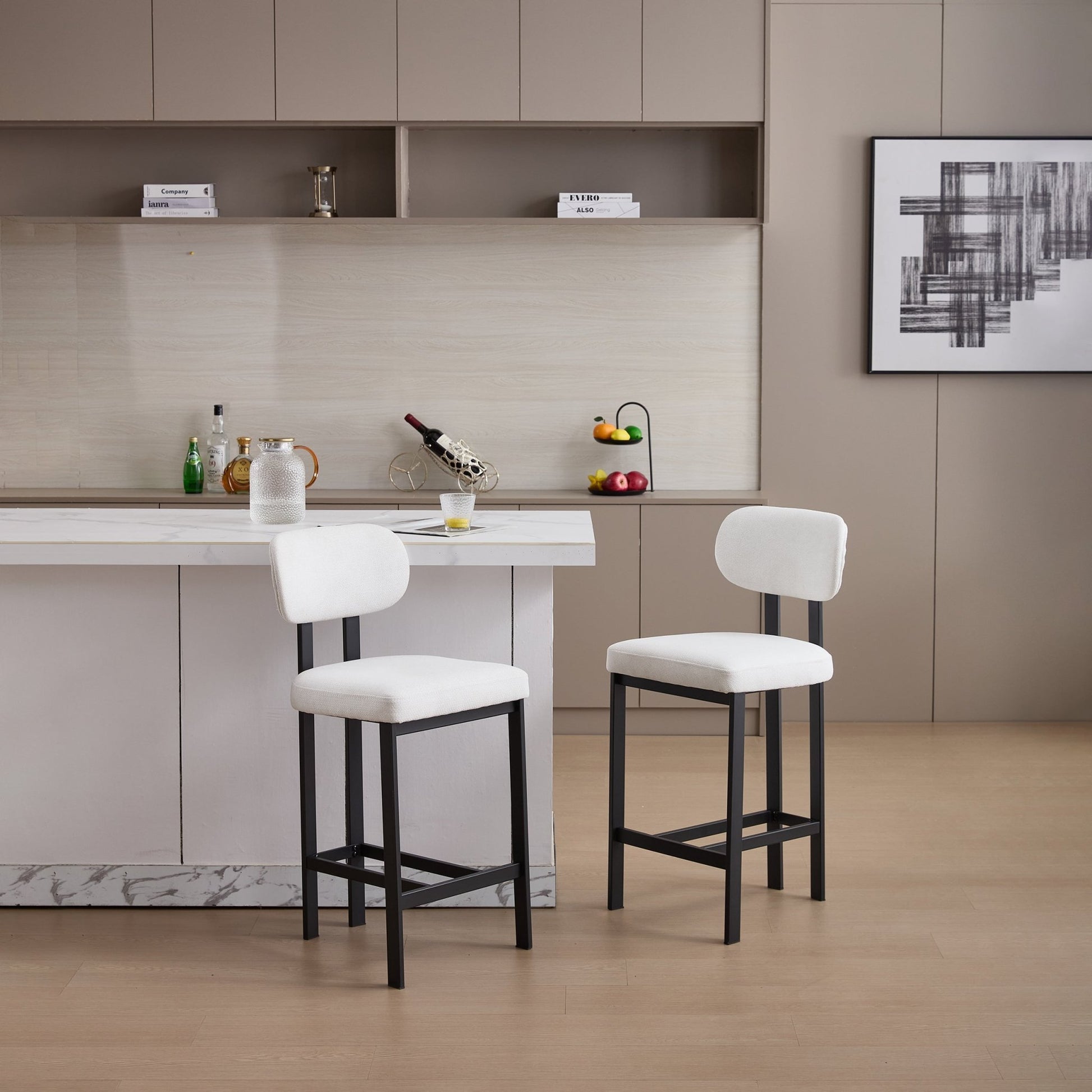 Modern Upholstered Fabric Bar Stools Set of 2, Cream, 26 Inch Counter Height Kitchen Island Chairs with Black Metal Legs - 1st Choice Furniture Direct