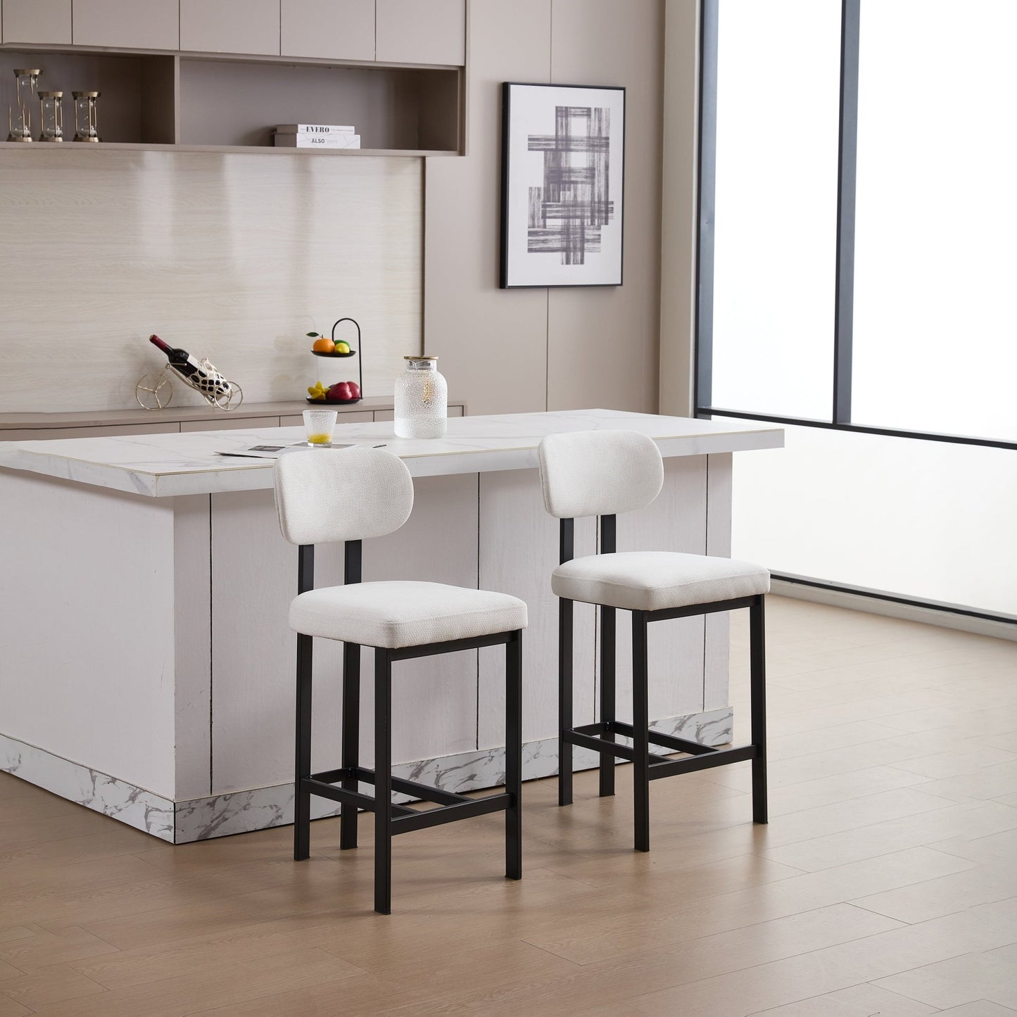 Modern Upholstered Fabric Bar Stools Set of 2, Cream, 26 Inch Counter Height Kitchen Island Chairs with Black Metal Legs - 1st Choice Furniture Direct