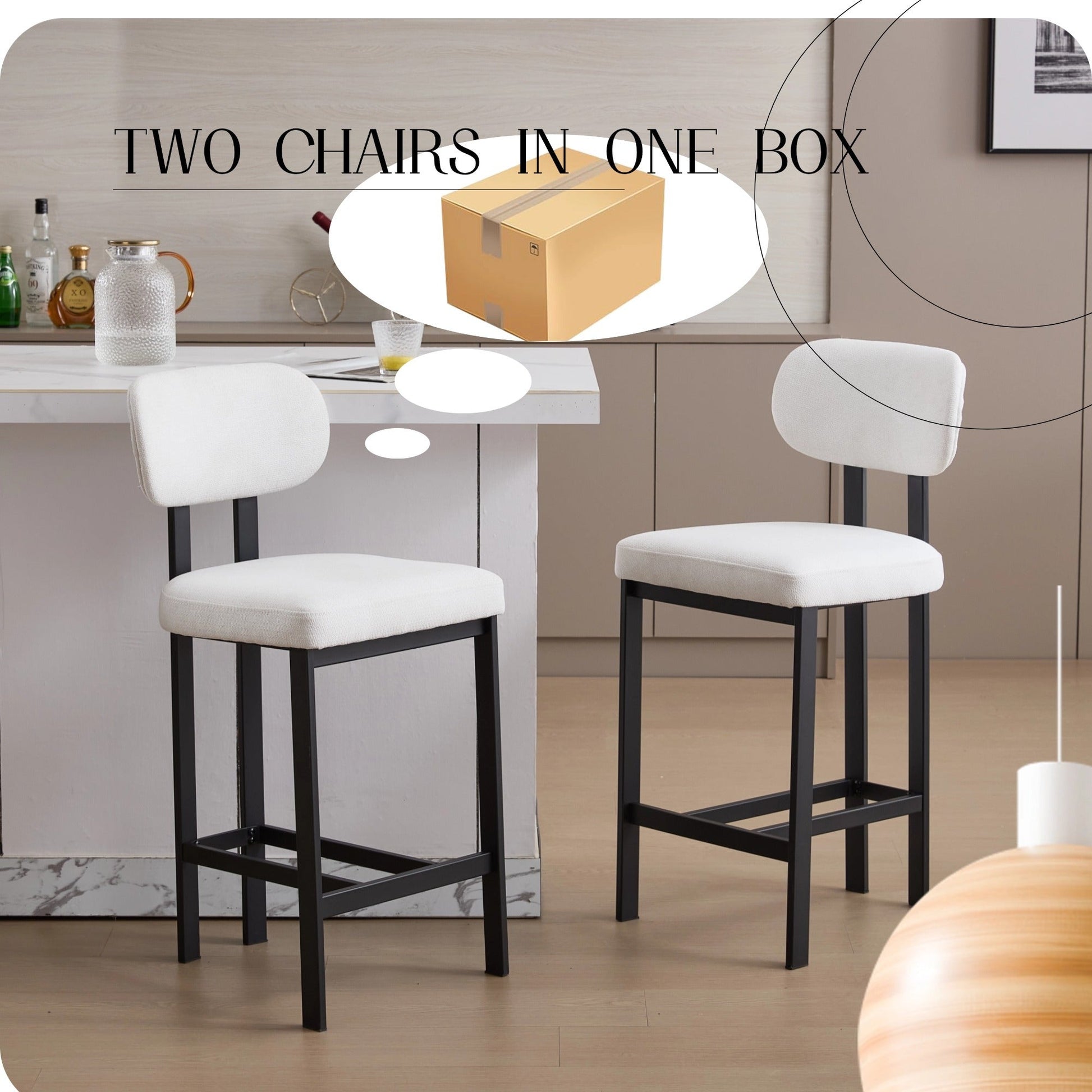 Modern Upholstered Fabric Bar Stools Set of 2, Cream, 26 Inch Counter Height Kitchen Island Chairs with Black Metal Legs - 1st Choice Furniture Direct