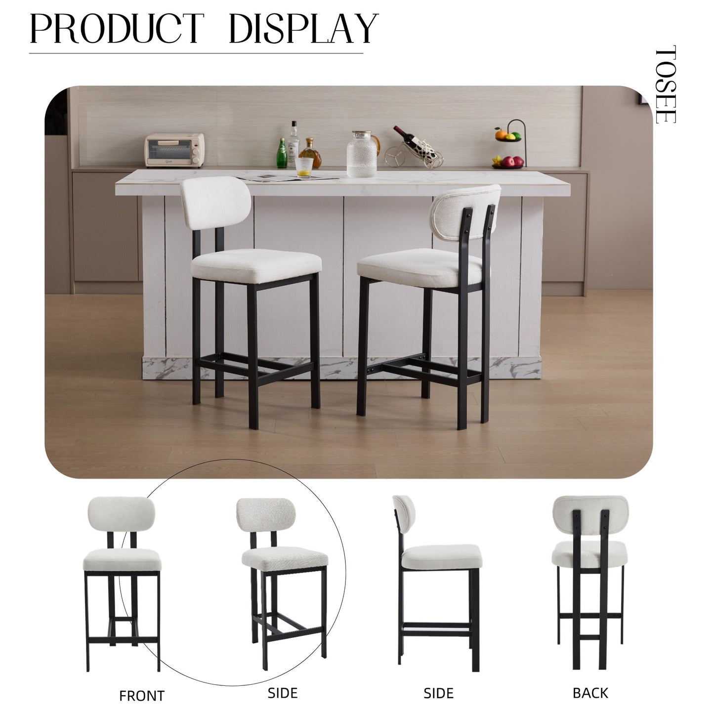 Modern Upholstered Fabric Bar Stools Set of 2, Cream, 26 Inch Counter Height Kitchen Island Chairs with Black Metal Legs - 1st Choice Furniture Direct
