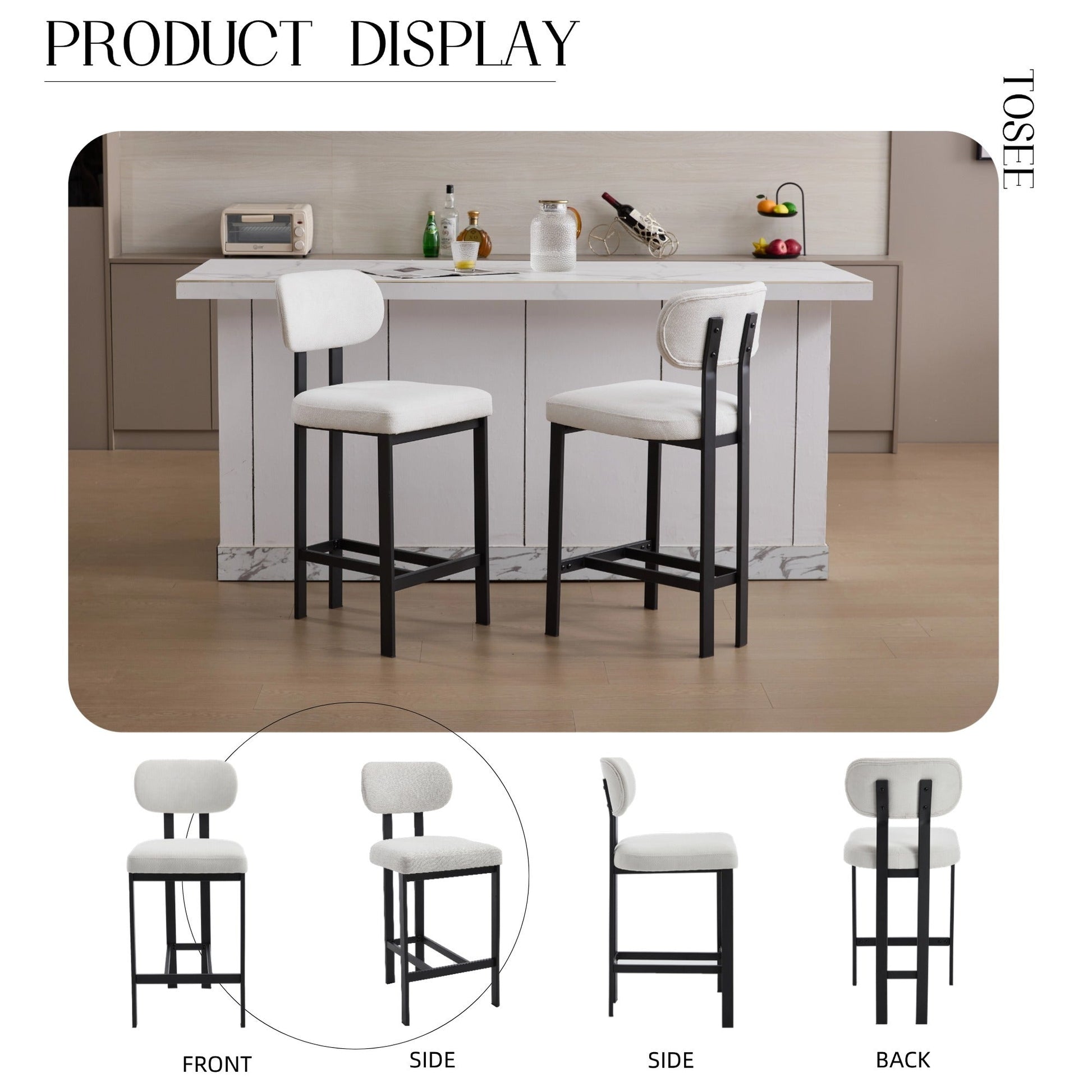 Modern Upholstered Fabric Bar Stools Set of 2, Cream, 26 Inch Counter Height Kitchen Island Chairs with Black Metal Legs - 1st Choice Furniture Direct