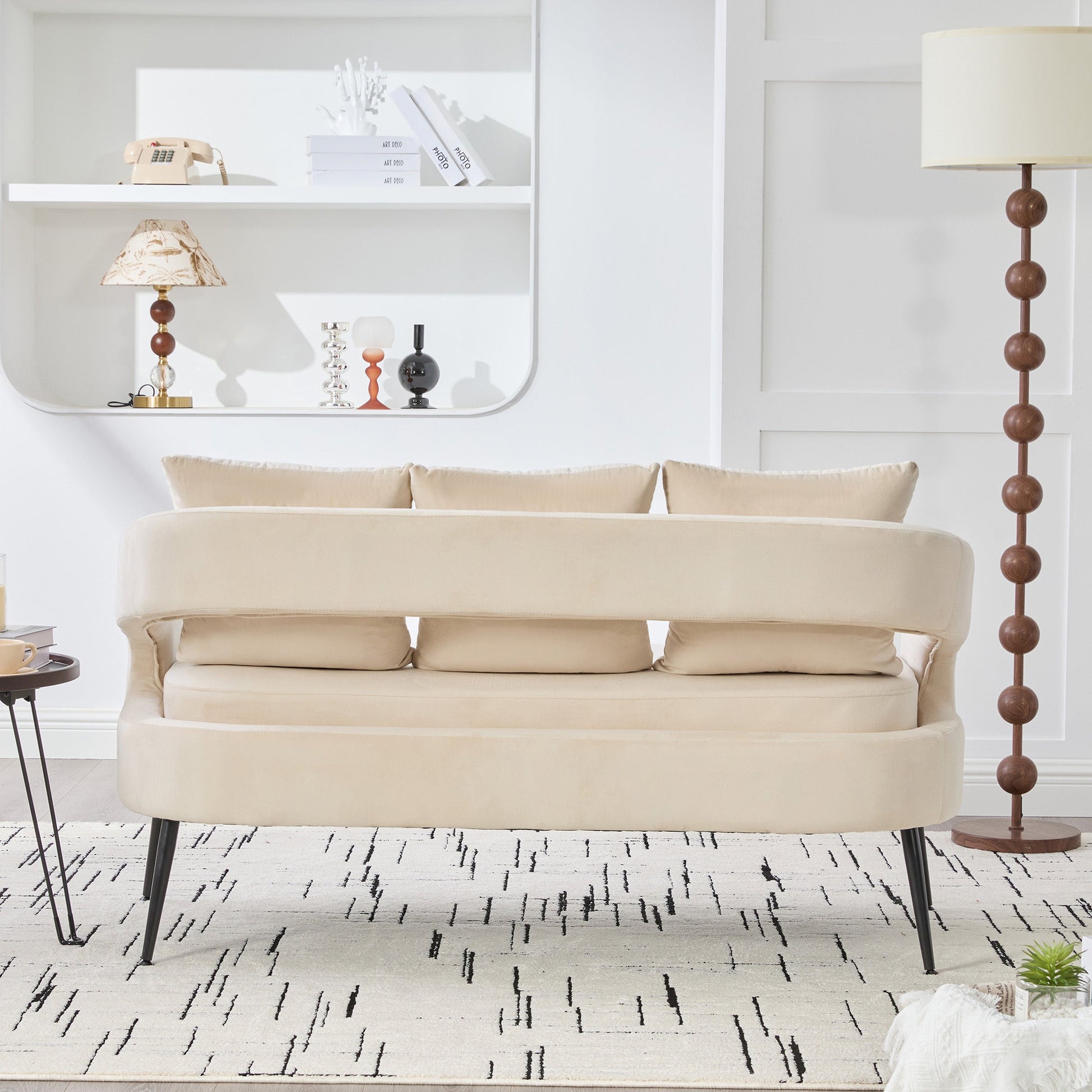 Modern Upholstered Velvet Open Back Loveseat Settee with 3 Pillows, Beige, Metal Legs, 53.7' - 1st Choice Furniture Direct