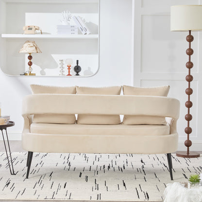 Modern Upholstered Velvet Open Back Loveseat Settee with 3 Pillows, Beige, Metal Legs, 53.7' - 1st Choice Furniture Direct