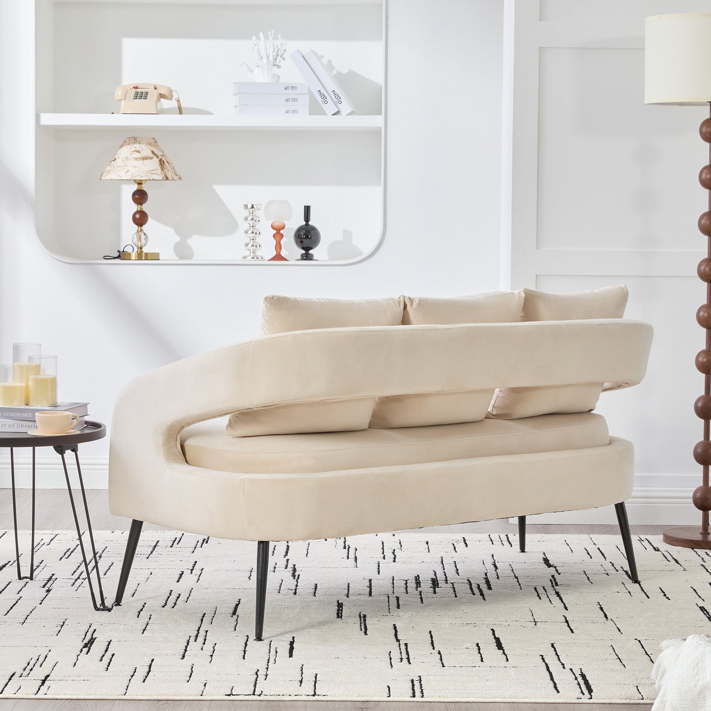 Modern Upholstered Velvet Open Back Loveseat Settee with 3 Pillows, Beige, Metal Legs, 53.7' - 1st Choice Furniture Direct