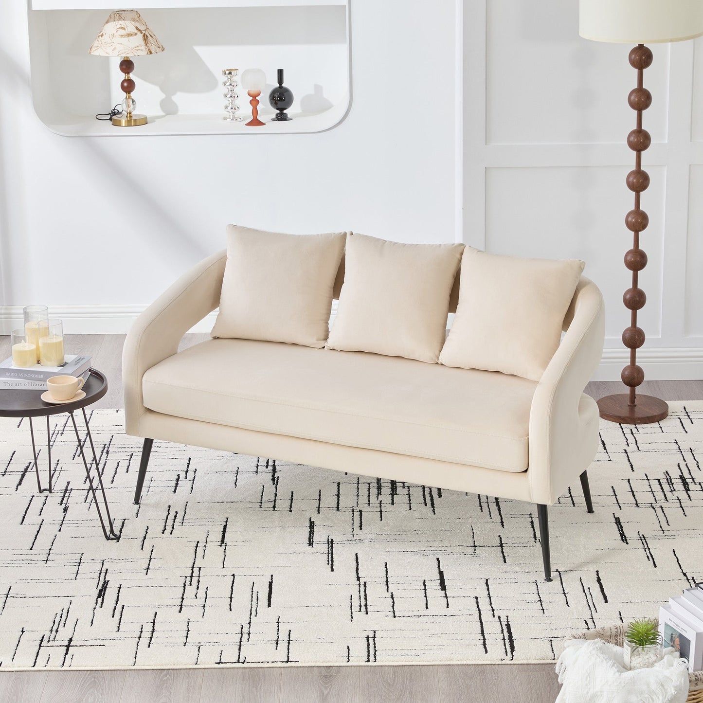 Modern Upholstered Velvet Open Back Loveseat Settee with 3 Pillows, Beige, Metal Legs, 53.7' - 1st Choice Furniture Direct