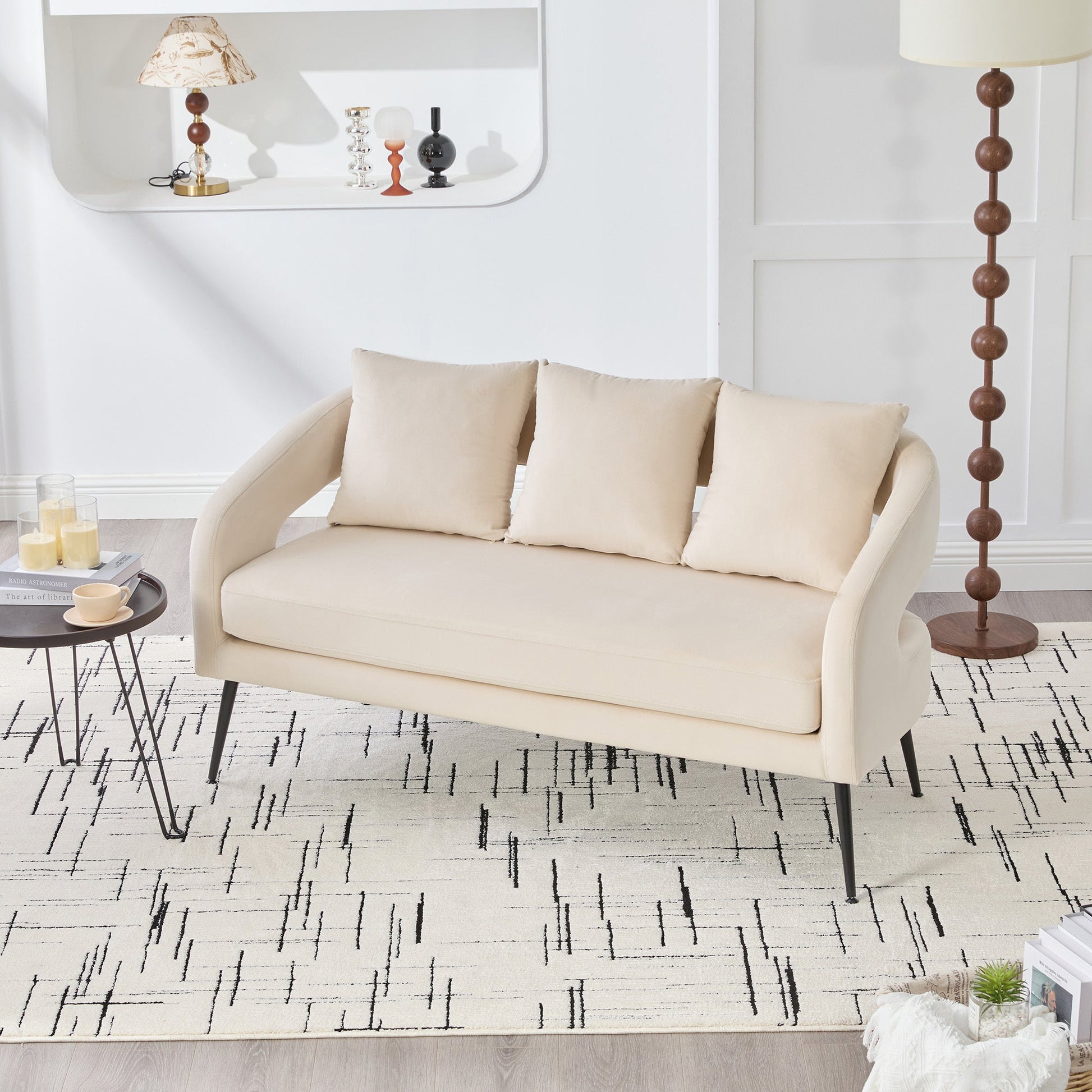 Modern Upholstered Velvet Open Back Loveseat Settee with 3 Pillows, Beige, Metal Legs, 53.7' - 1st Choice Furniture Direct
