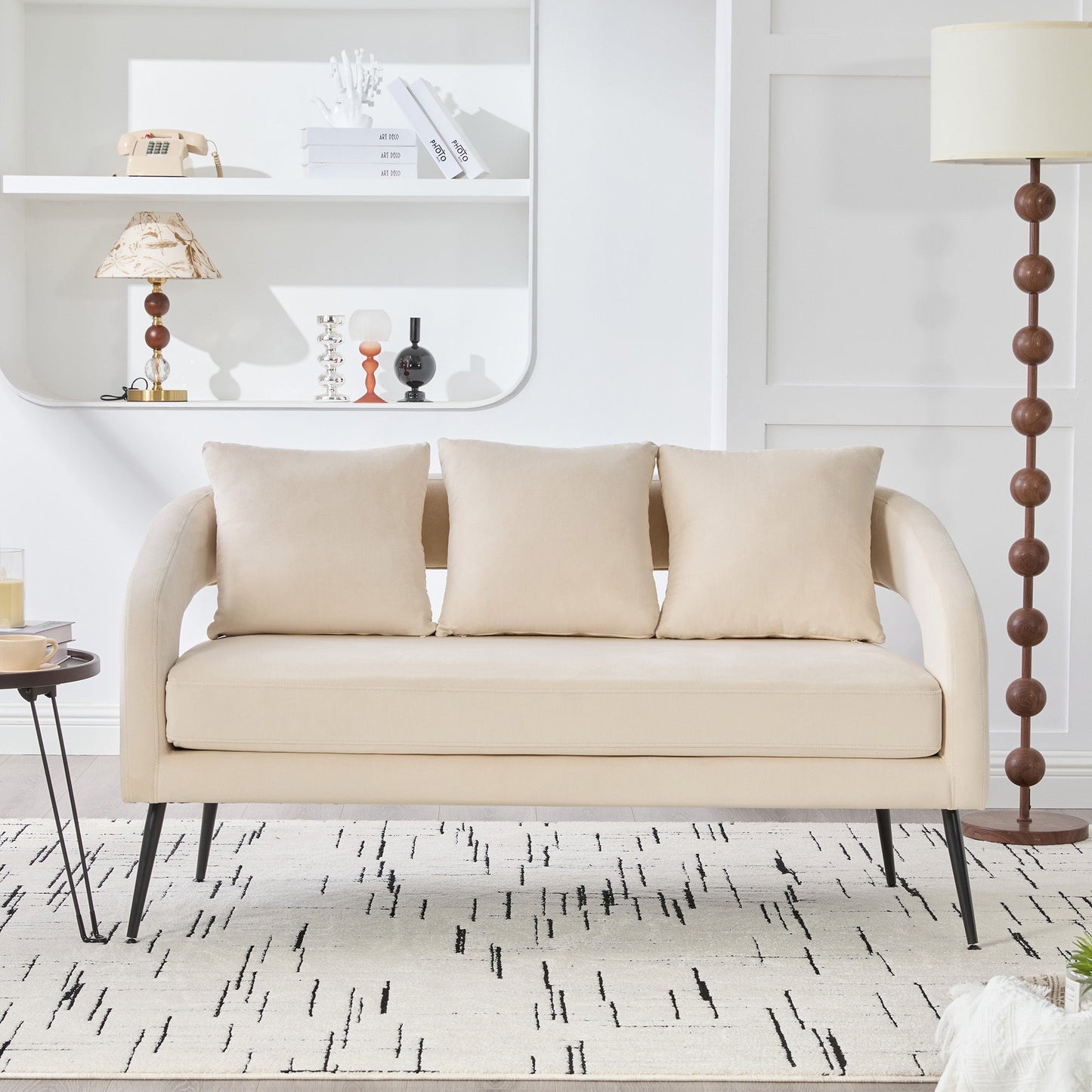 Modern Upholstered Velvet Open Back Loveseat Settee with 3 Pillows, Beige, Metal Legs, 53.7' - 1st Choice Furniture Direct