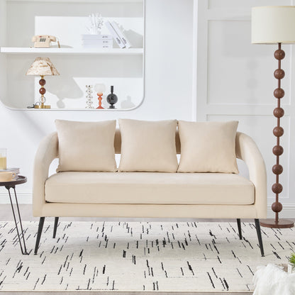 Modern Upholstered Velvet Open Back Loveseat Settee with 3 Pillows, Beige, Metal Legs, 53.7' - 1st Choice Furniture Direct