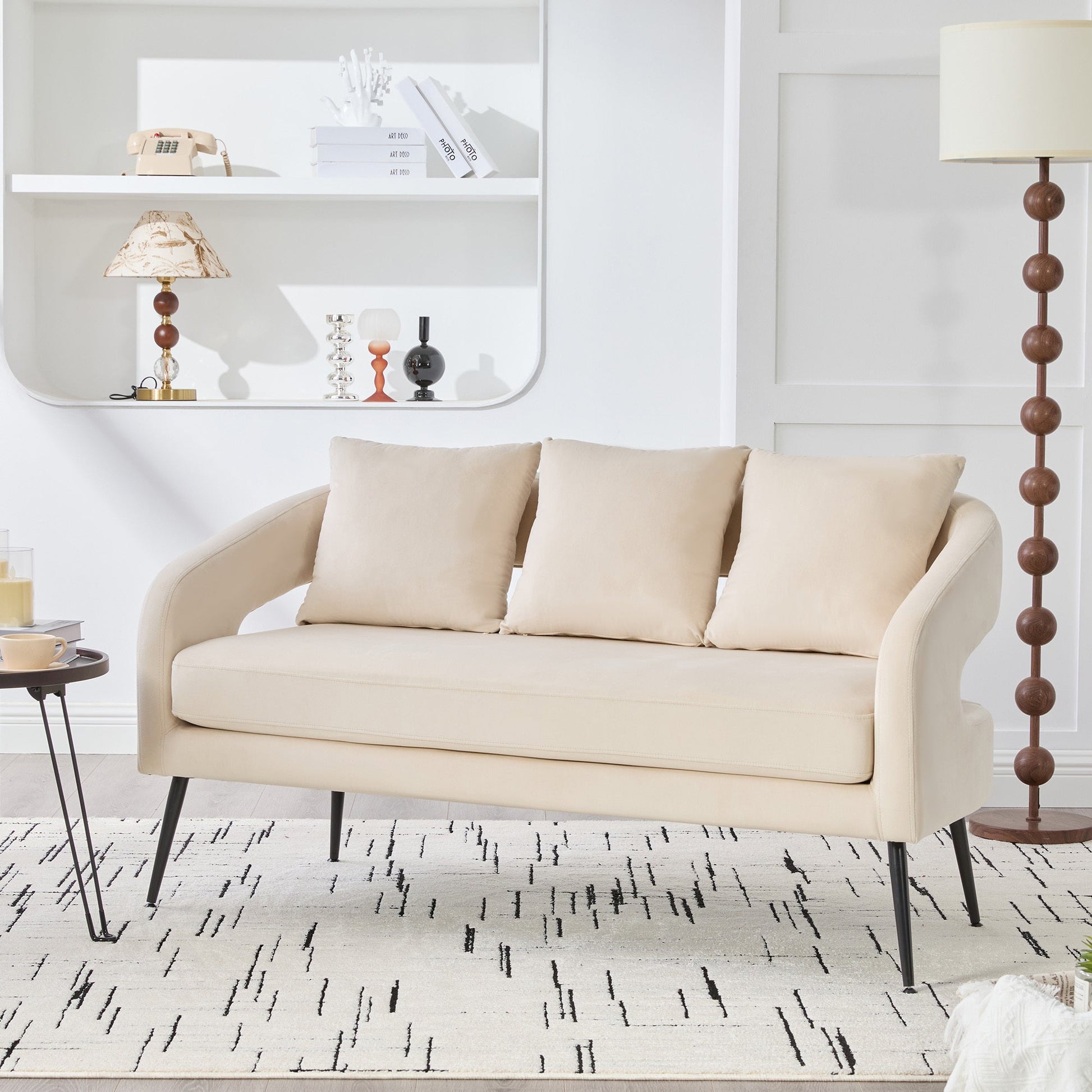 Modern Upholstered Velvet Open Back Loveseat Settee with 3 Pillows, Beige, Metal Legs, 53.7' - 1st Choice Furniture Direct