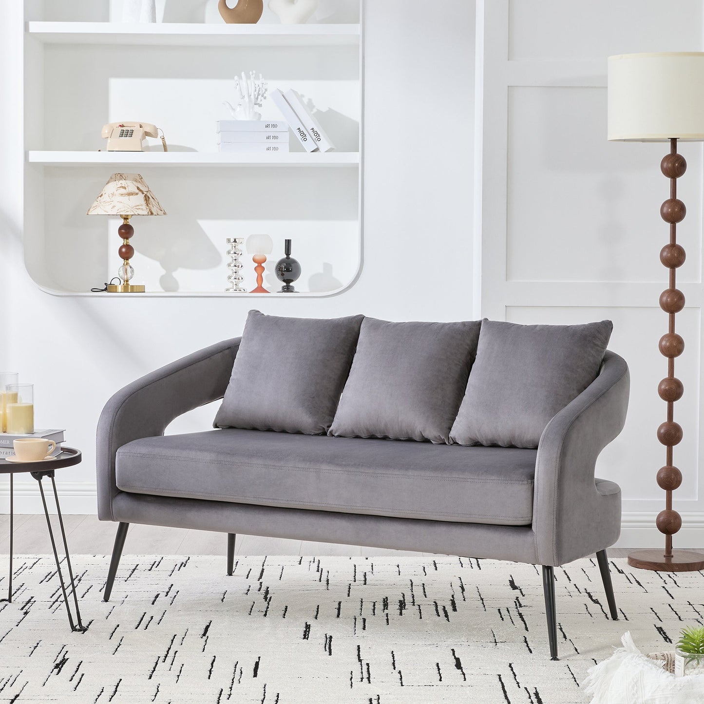 Modern Upholstered Velvet Open Back Loveseat Settee with 3 Pillows, Small Comfy Sofa 2 - Seater, Metal Legs, Charcoal - 1st Choice Furniture Direct