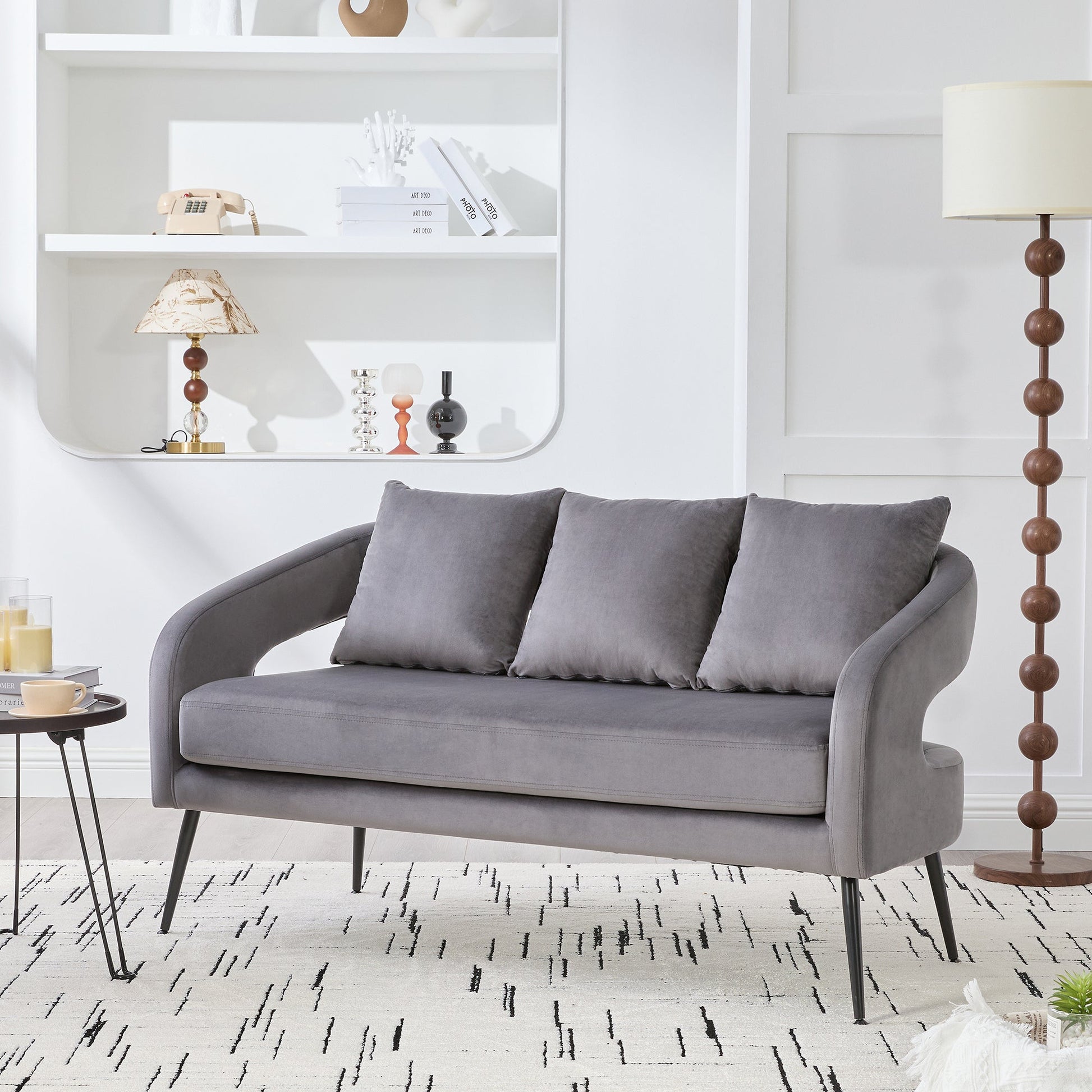 Modern Upholstered Velvet Open Back Loveseat Settee with 3 Pillows, Small Comfy Sofa 2 - Seater, Metal Legs, Charcoal - 1st Choice Furniture Direct