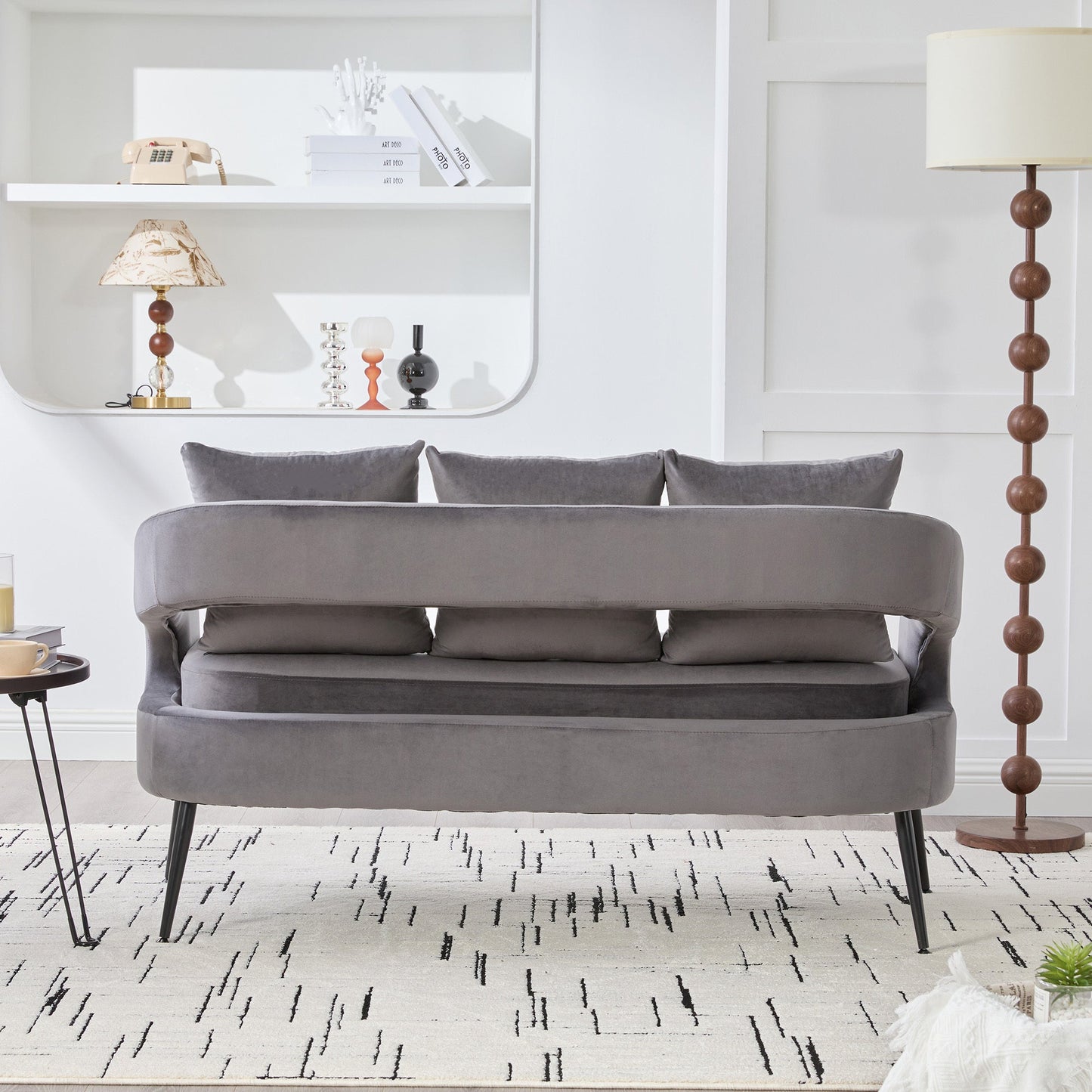 Modern Upholstered Velvet Open Back Loveseat Settee with 3 Pillows, Small Comfy Sofa 2 - Seater, Metal Legs, Charcoal - 1st Choice Furniture Direct