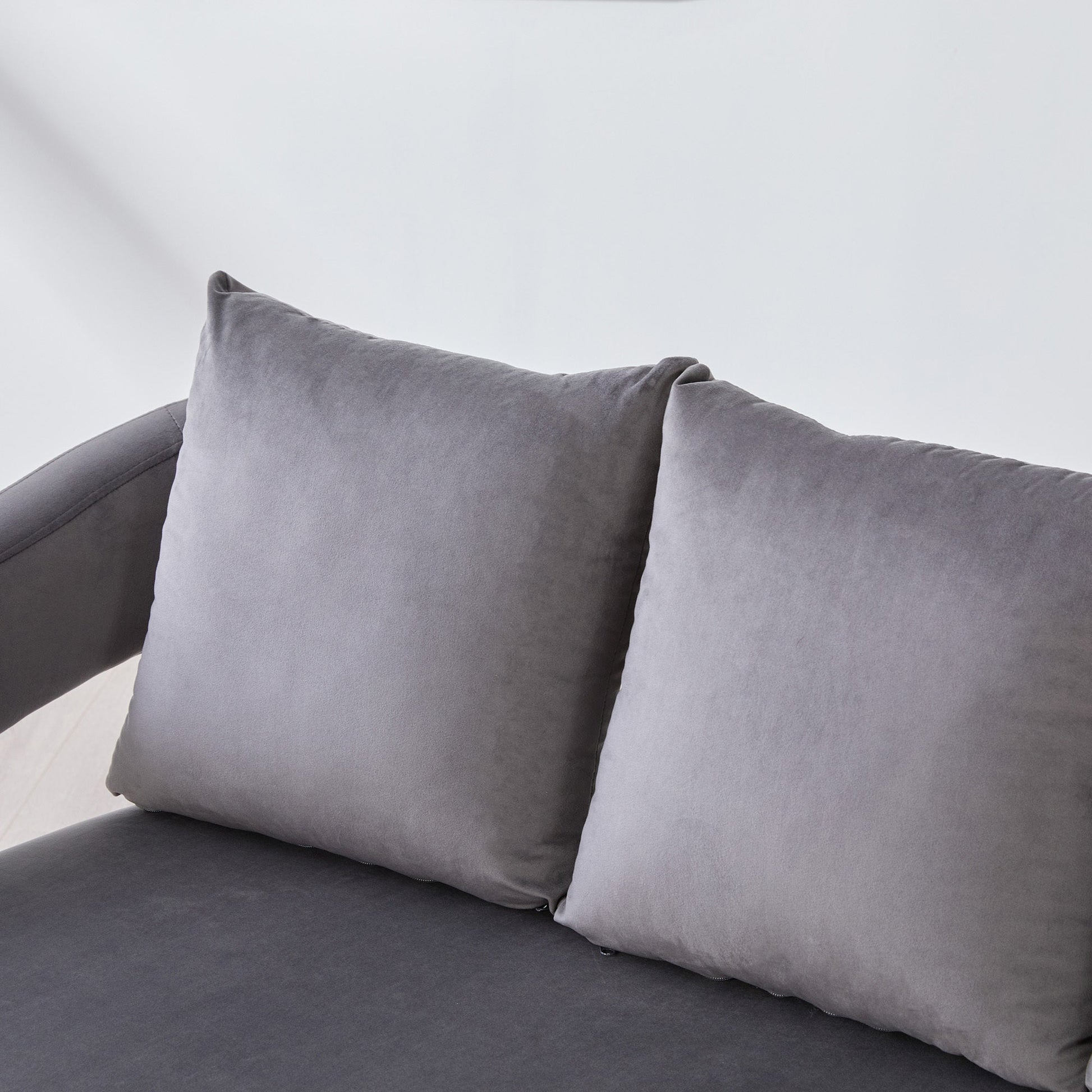 Modern Upholstered Velvet Open Back Loveseat Settee with 3 Pillows, Small Comfy Sofa 2 - Seater, Metal Legs, Charcoal - 1st Choice Furniture Direct