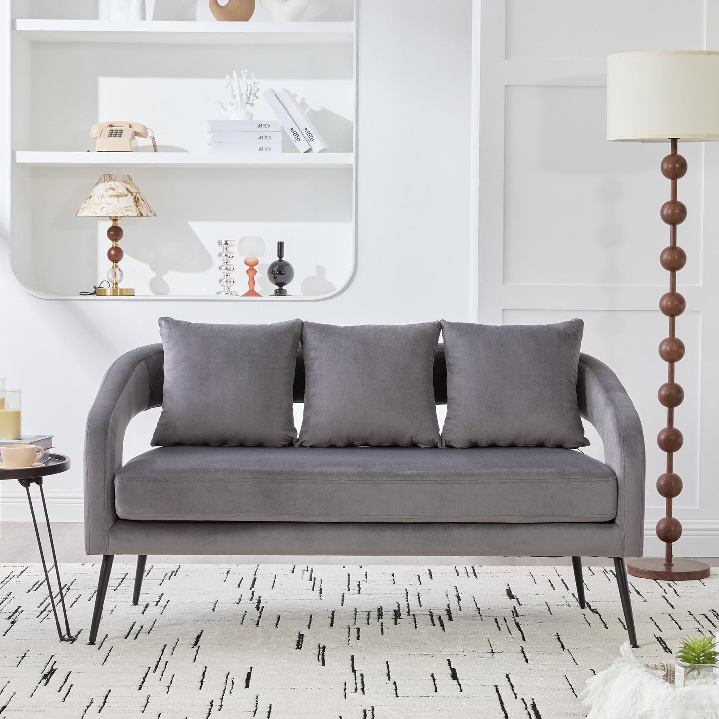 Modern Upholstered Velvet Open Back Loveseat Settee with 3 Pillows, Small Comfy Sofa 2 - Seater, Metal Legs, Charcoal - 1st Choice Furniture Direct