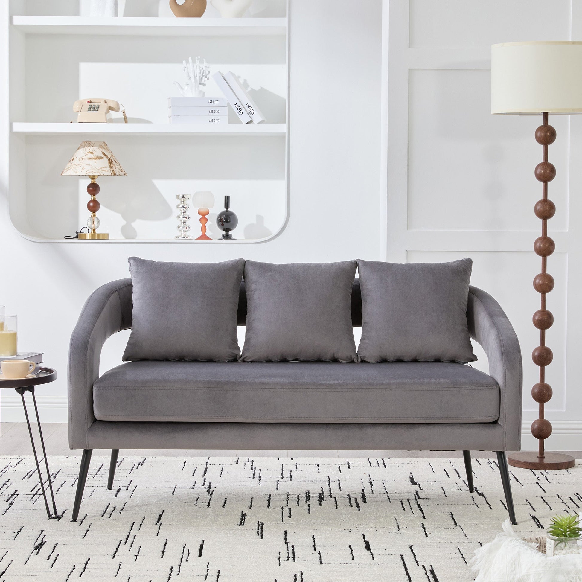 Modern Upholstered Velvet Open Back Loveseat Settee with 3 Pillows, Small Comfy Sofa 2 - Seater, Metal Legs, Charcoal - 1st Choice Furniture Direct