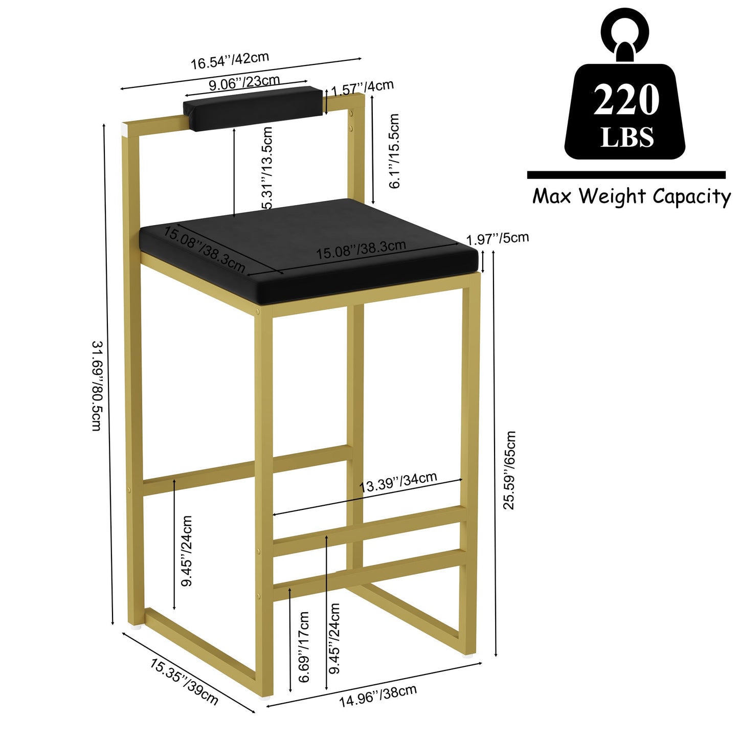 Modern Velvet Counter Height Bar Stools with Low Backrest Set of 2 Upholstered Dining Stools for Kitchen Island (Gold & Black) - 1st Choice Furniture Direct
