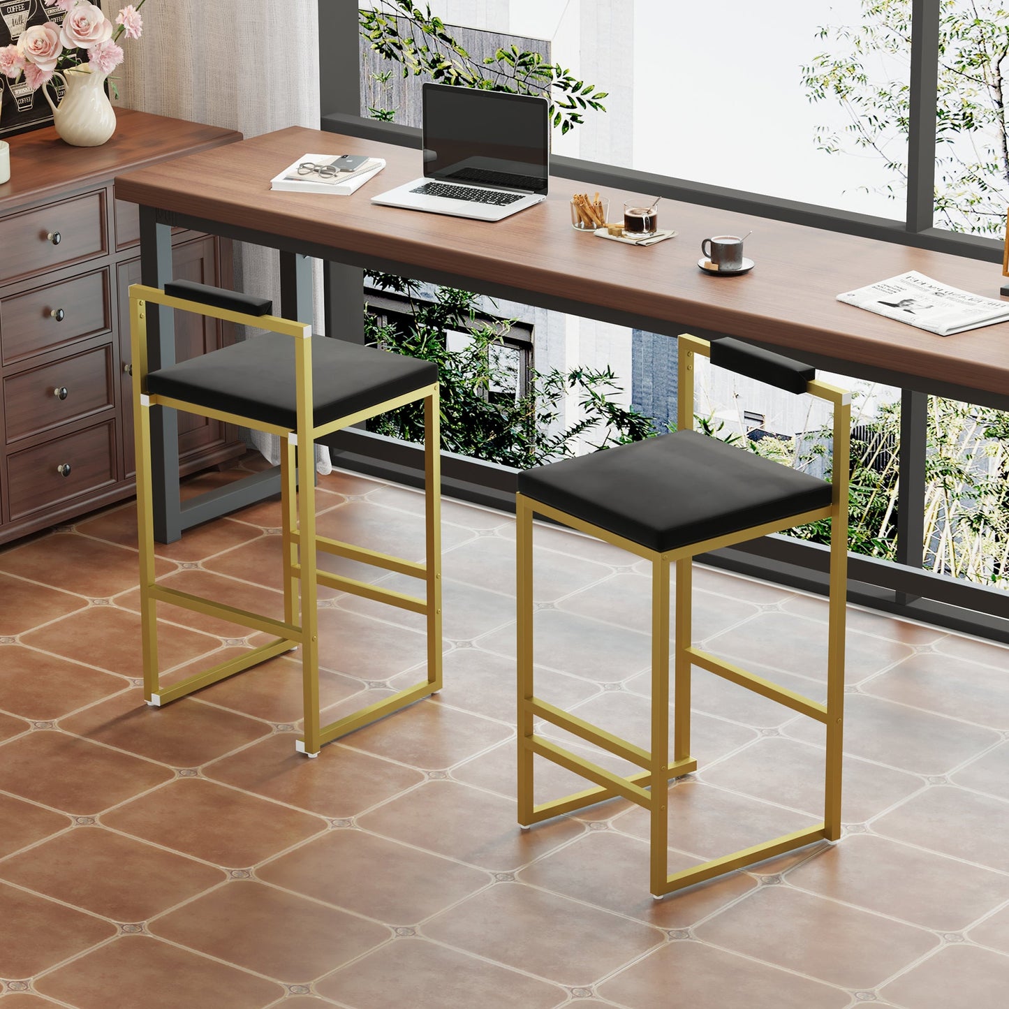 Modern Velvet Counter Height Bar Stools with Low Backrest Set of 2 Upholstered Dining Stools for Kitchen Island (Gold & Black) - 1st Choice Furniture Direct