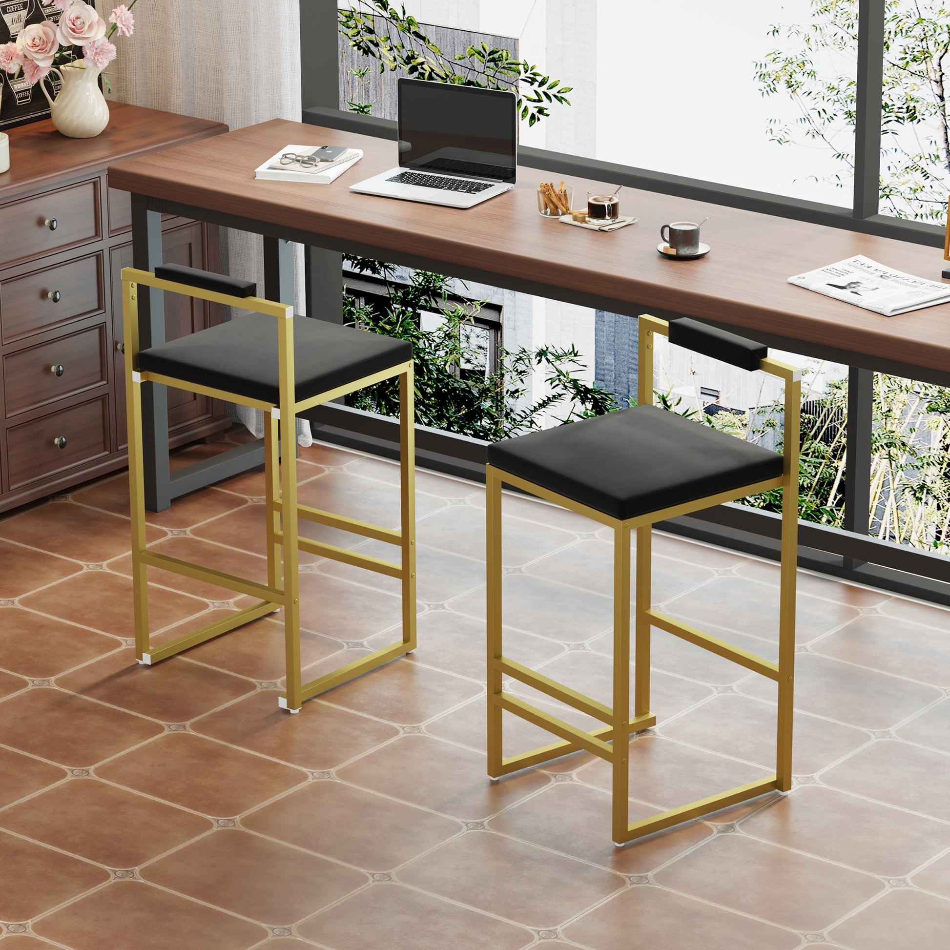Modern Velvet Counter Height Bar Stools with Low Backrest Set of 2 Upholstered Dining Stools for Kitchen Island (Gold & Black) - 1st Choice Furniture Direct