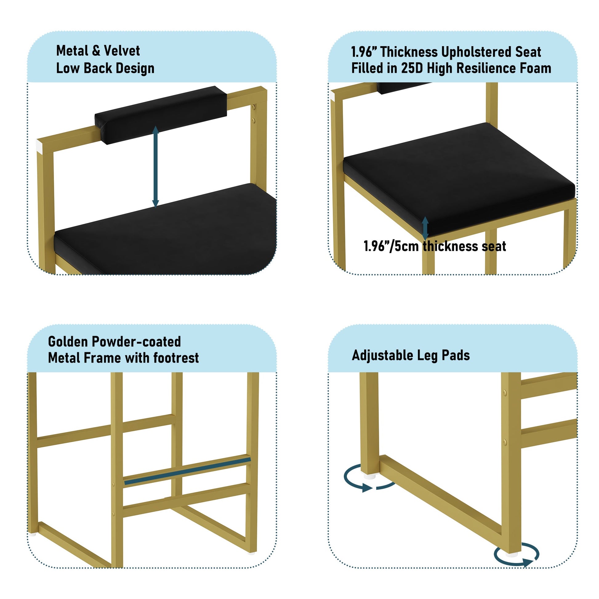 Modern Velvet Counter Height Bar Stools with Low Backrest Set of 2 Upholstered Dining Stools for Kitchen Island (Gold & Black) - 1st Choice Furniture Direct