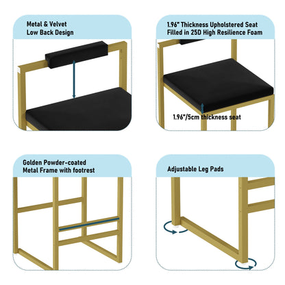 Modern Velvet Counter Height Bar Stools with Low Backrest Set of 2 Upholstered Dining Stools for Kitchen Island (Gold & Black) - 1st Choice Furniture Direct