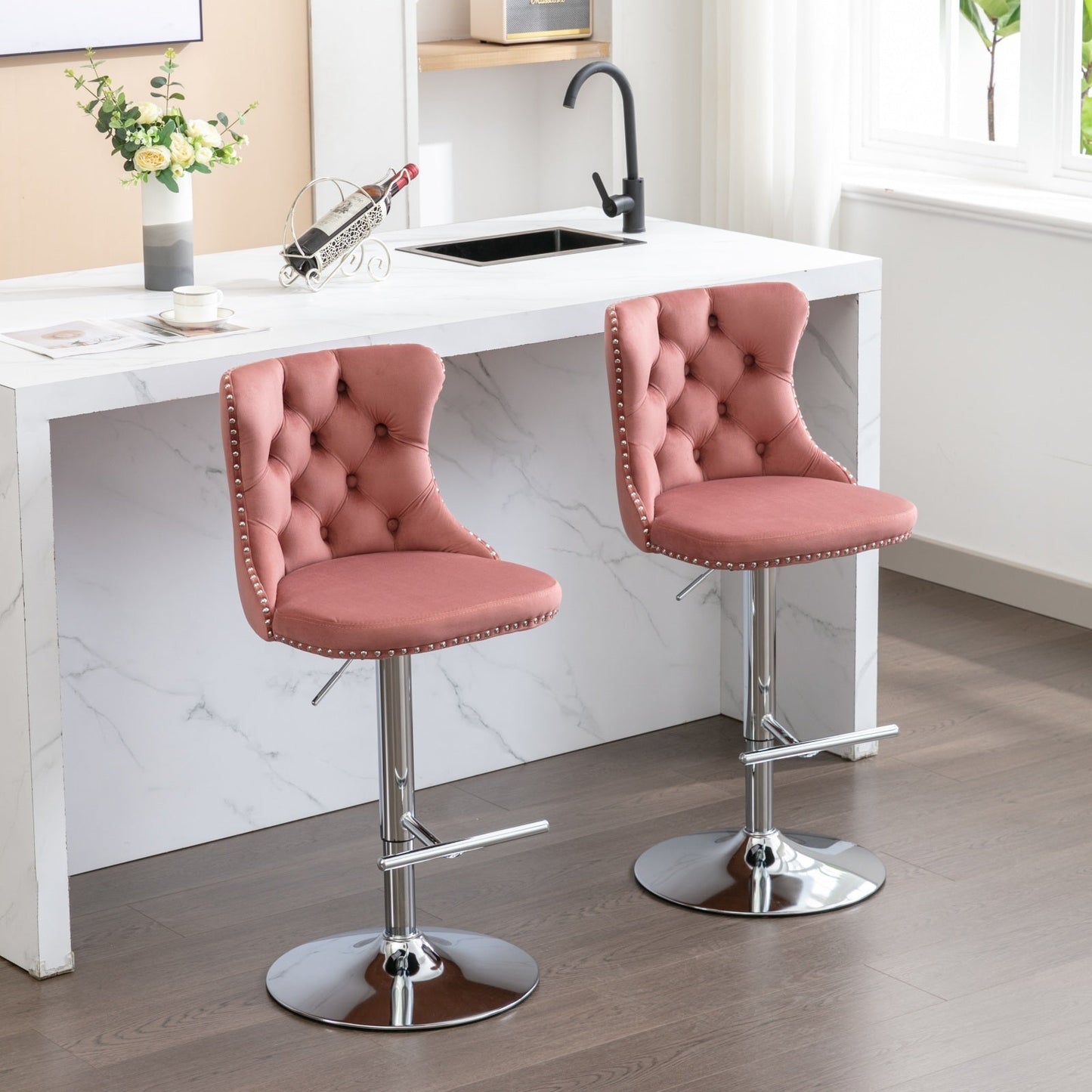 Modern Velvet Swivel Barstools with Adjustable Seat Height and Chrome Base, Pink, Set of 2 - 1st Choice Furniture Direct