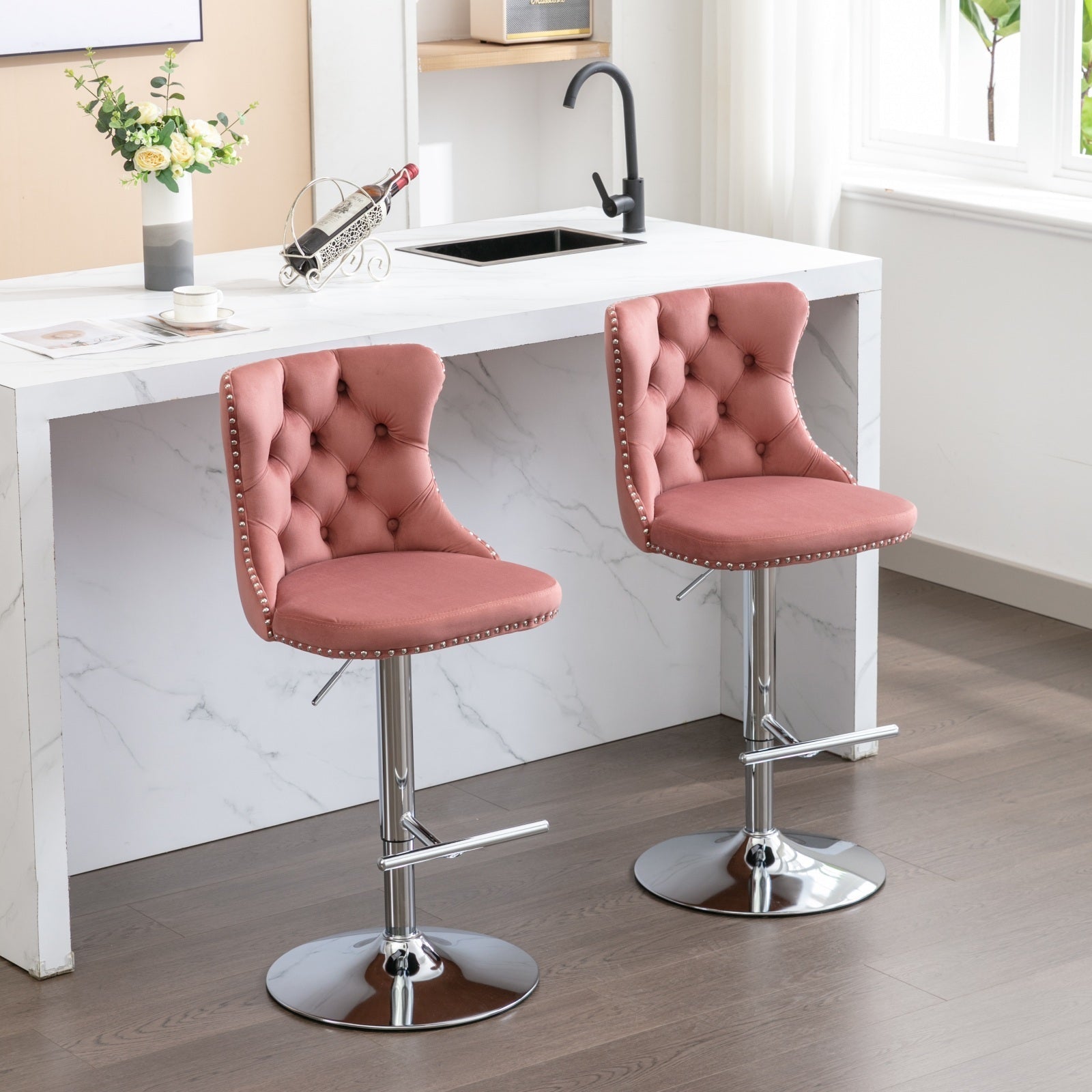 Modern Velvet Swivel Barstools with Adjustable Seat Height and Chrome Base, Pink, Set of 2 - 1st Choice Furniture Direct