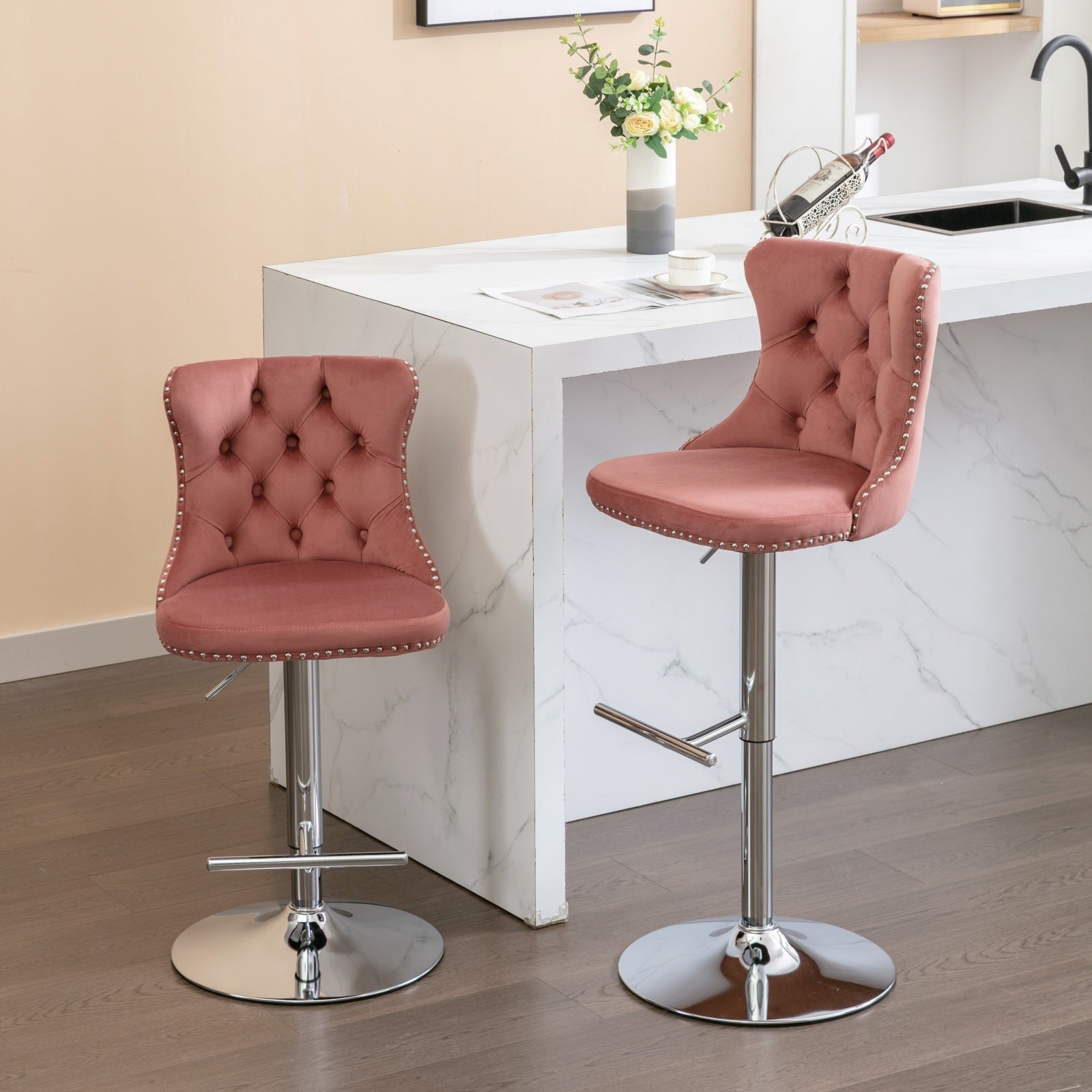 Modern Velvet Swivel Barstools with Adjustable Seat Height and Chrome Base, Pink, Set of 2 - 1st Choice Furniture Direct