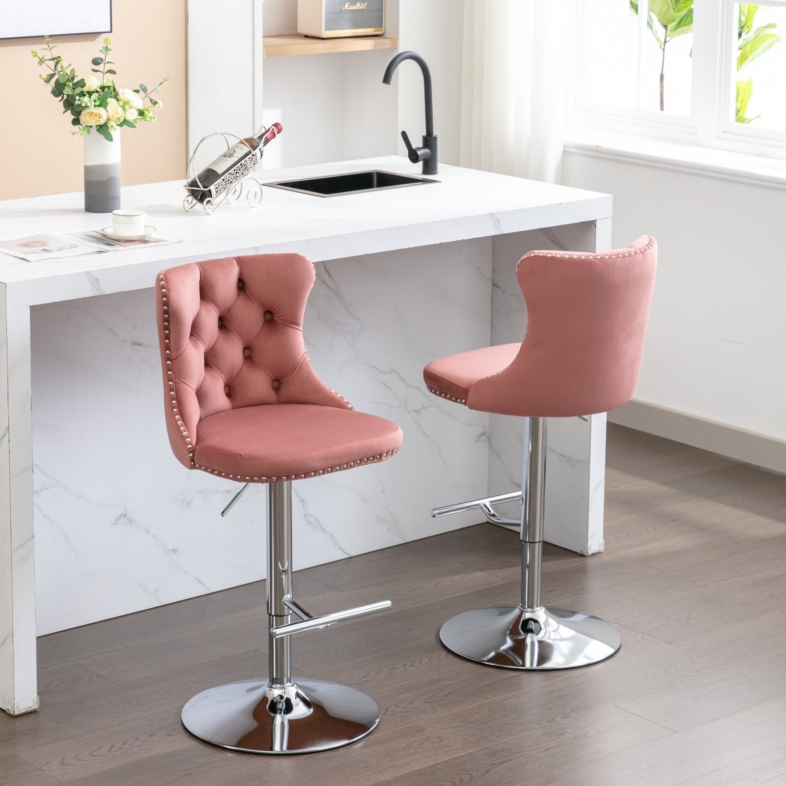 Modern Velvet Swivel Barstools with Adjustable Seat Height and Chrome Base, Pink, Set of 2 - 1st Choice Furniture Direct