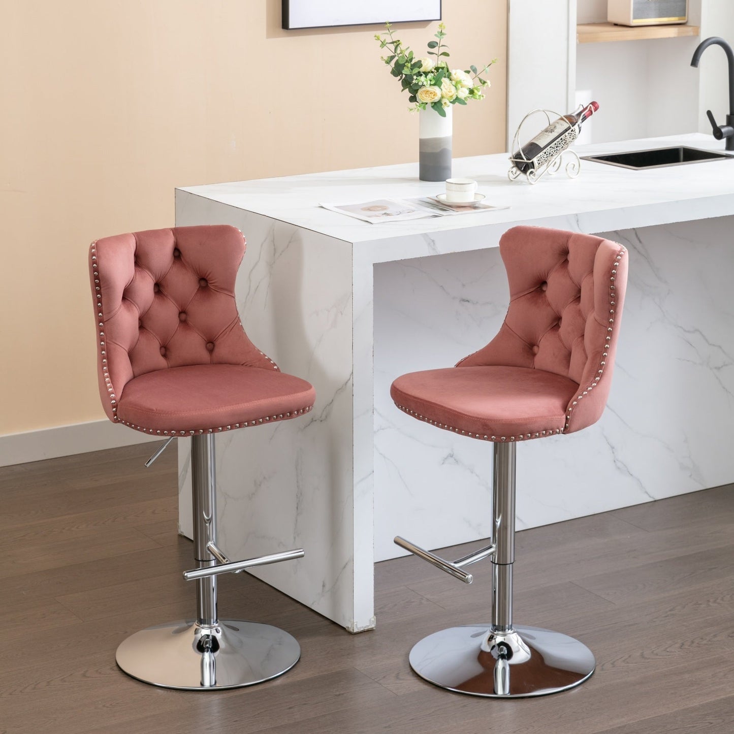 Modern Velvet Swivel Barstools with Adjustable Seat Height and Chrome Base, Pink, Set of 2 - 1st Choice Furniture Direct
