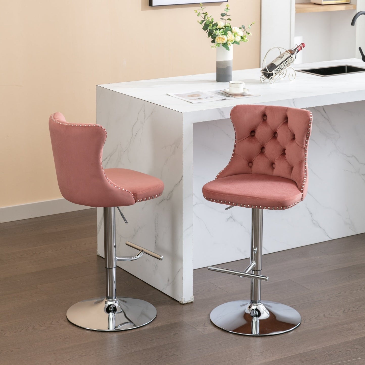 Modern Velvet Swivel Barstools with Adjustable Seat Height and Chrome Base, Pink, Set of 2 - 1st Choice Furniture Direct