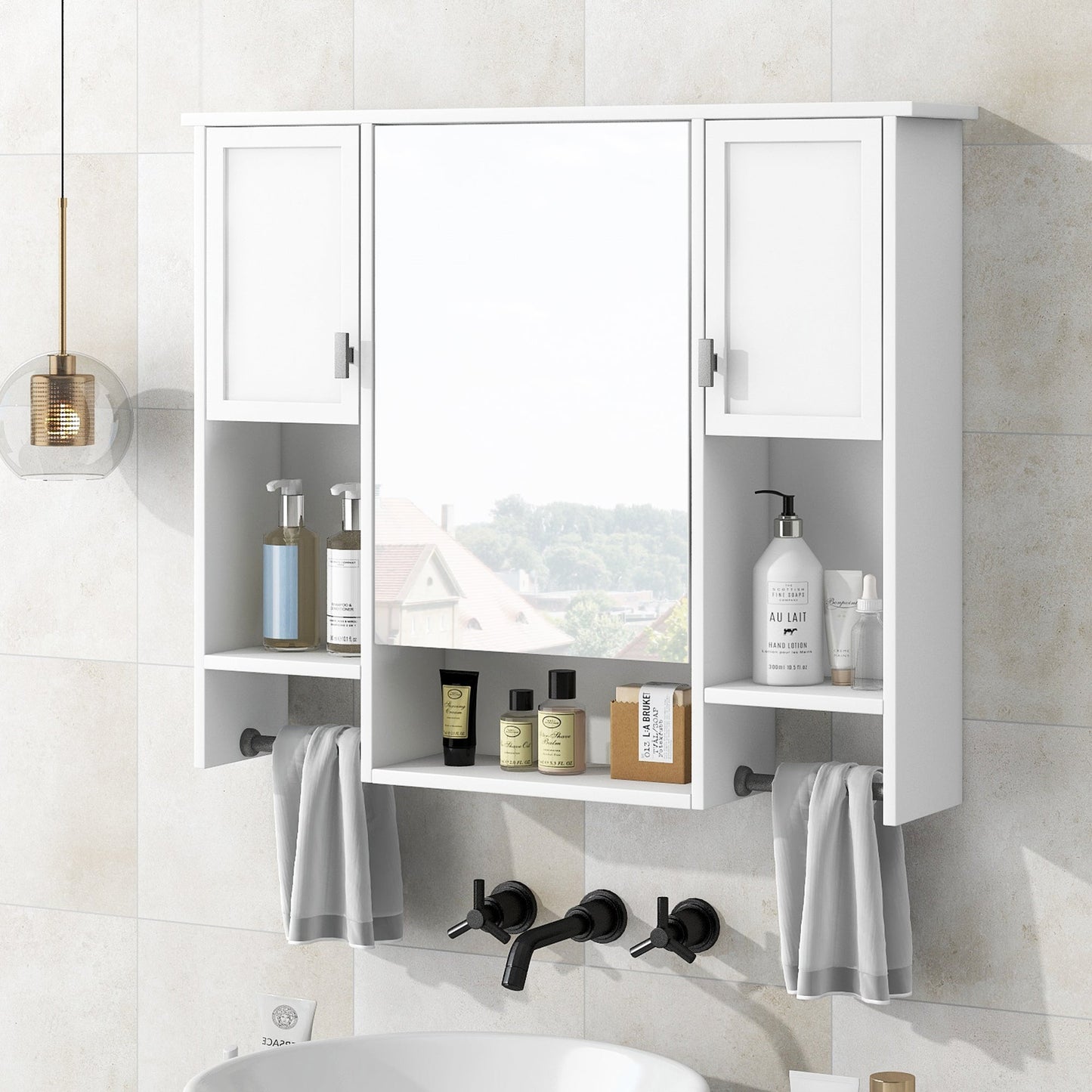 Modern Wall Mounted Bathroom Storage Cabinet with Mirror, White MDF Medicine Cabinet with Towel Bar, 35'' x 28'' - 1st Choice Furniture Direct