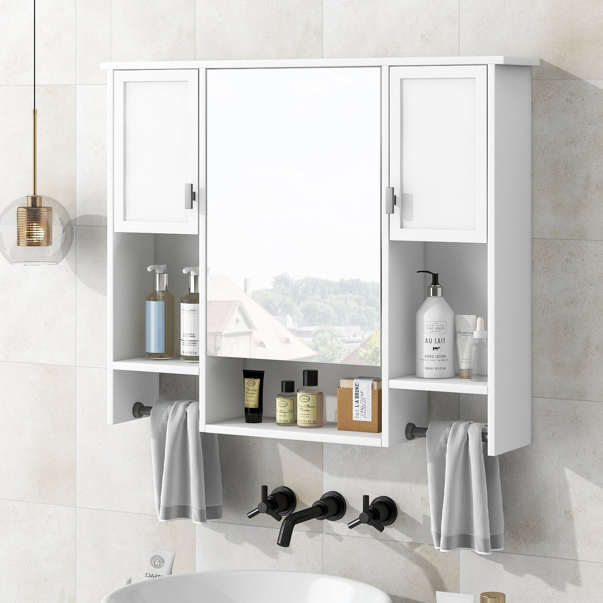 Modern Wall Mounted Bathroom Storage Cabinet with Mirror, White MDF Medicine Cabinet with Towel Bar, 35'' x 28'' - 1st Choice Furniture Direct
