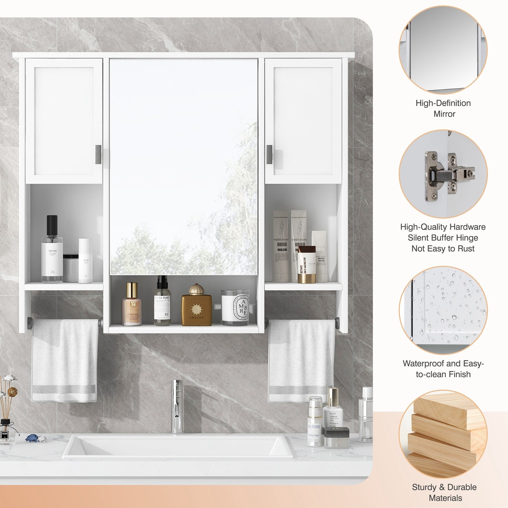 Modern Wall Mounted Bathroom Storage Cabinet with Mirror, White MDF Medicine Cabinet with Towel Bar, 35'' x 28'' - 1st Choice Furniture Direct