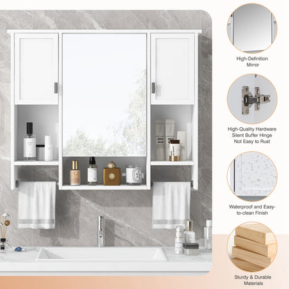 Modern Wall Mounted Bathroom Storage Cabinet with Mirror, White MDF Medicine Cabinet with Towel Bar, 35'' x 28'' - 1st Choice Furniture Direct