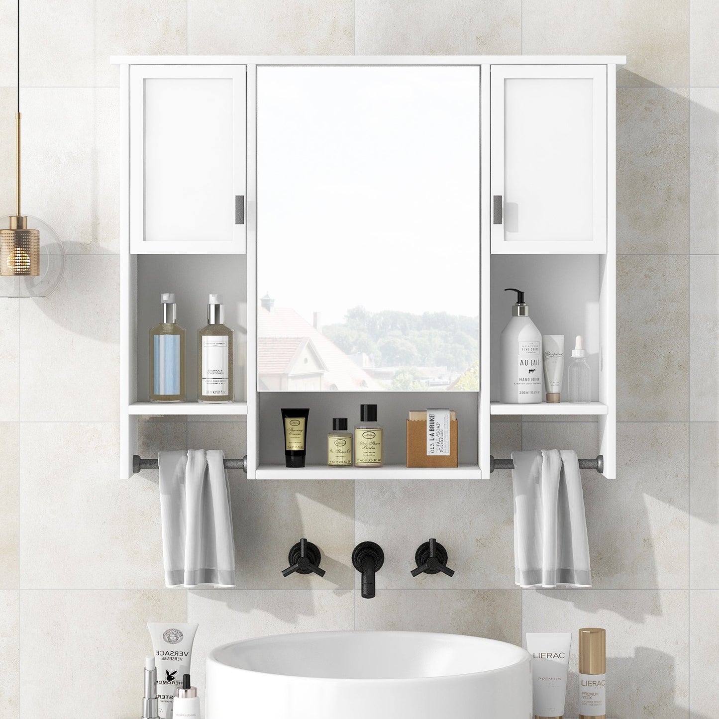 Modern Wall Mounted Bathroom Storage Cabinet with Mirror, White MDF Medicine Cabinet with Towel Bar, 35'' x 28'' - 1st Choice Furniture Direct