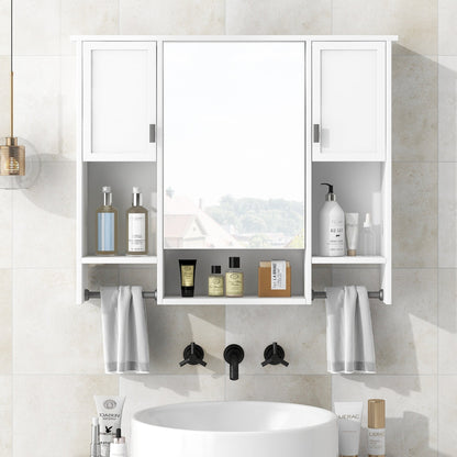 Modern Wall Mounted Bathroom Storage Cabinet with Mirror, White MDF Medicine Cabinet with Towel Bar, 35'' x 28'' - 1st Choice Furniture Direct