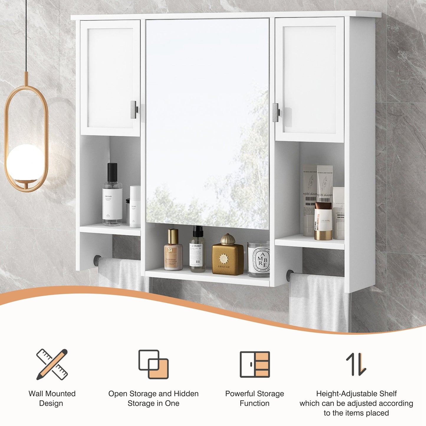 Modern Wall Mounted Bathroom Storage Cabinet with Mirror, White MDF Medicine Cabinet with Towel Bar, 35'' x 28'' - 1st Choice Furniture Direct