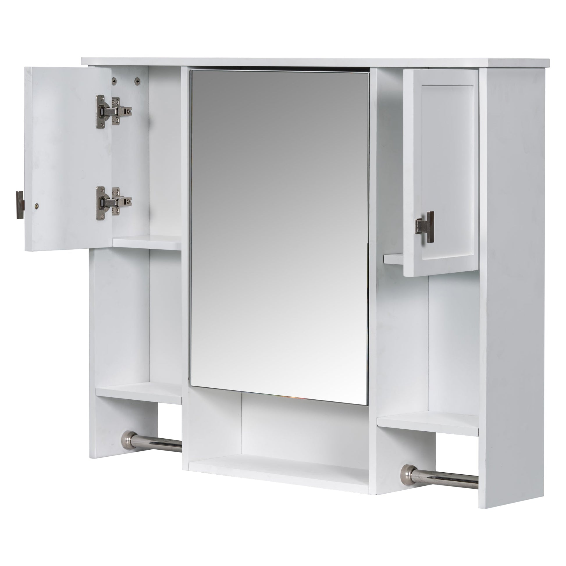 Modern Wall Mounted Bathroom Storage Cabinet with Mirror, White MDF Medicine Cabinet with Towel Bar, 35'' x 28'' - 1st Choice Furniture Direct