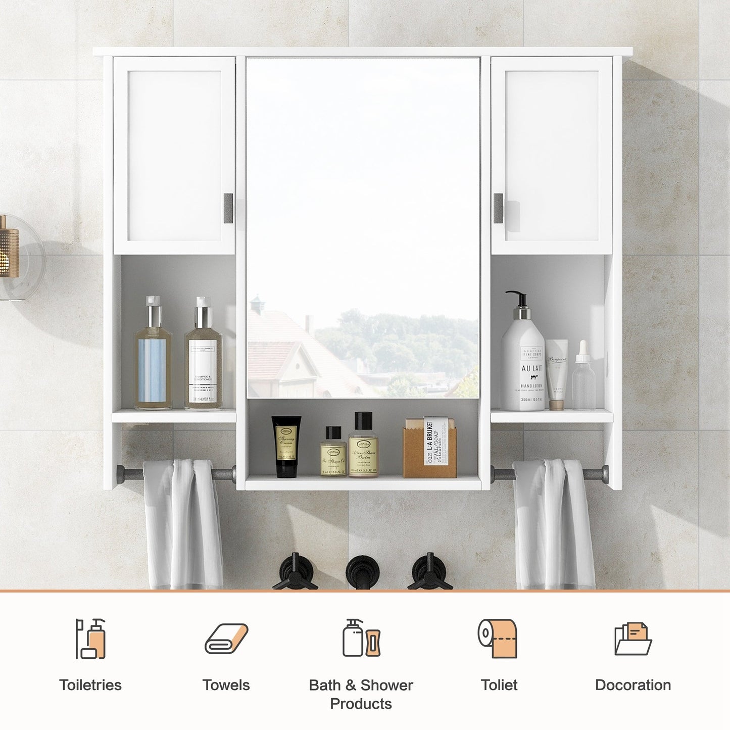 Modern Wall Mounted Bathroom Storage Cabinet with Mirror, White MDF Medicine Cabinet with Towel Bar, 35'' x 28'' - 1st Choice Furniture Direct