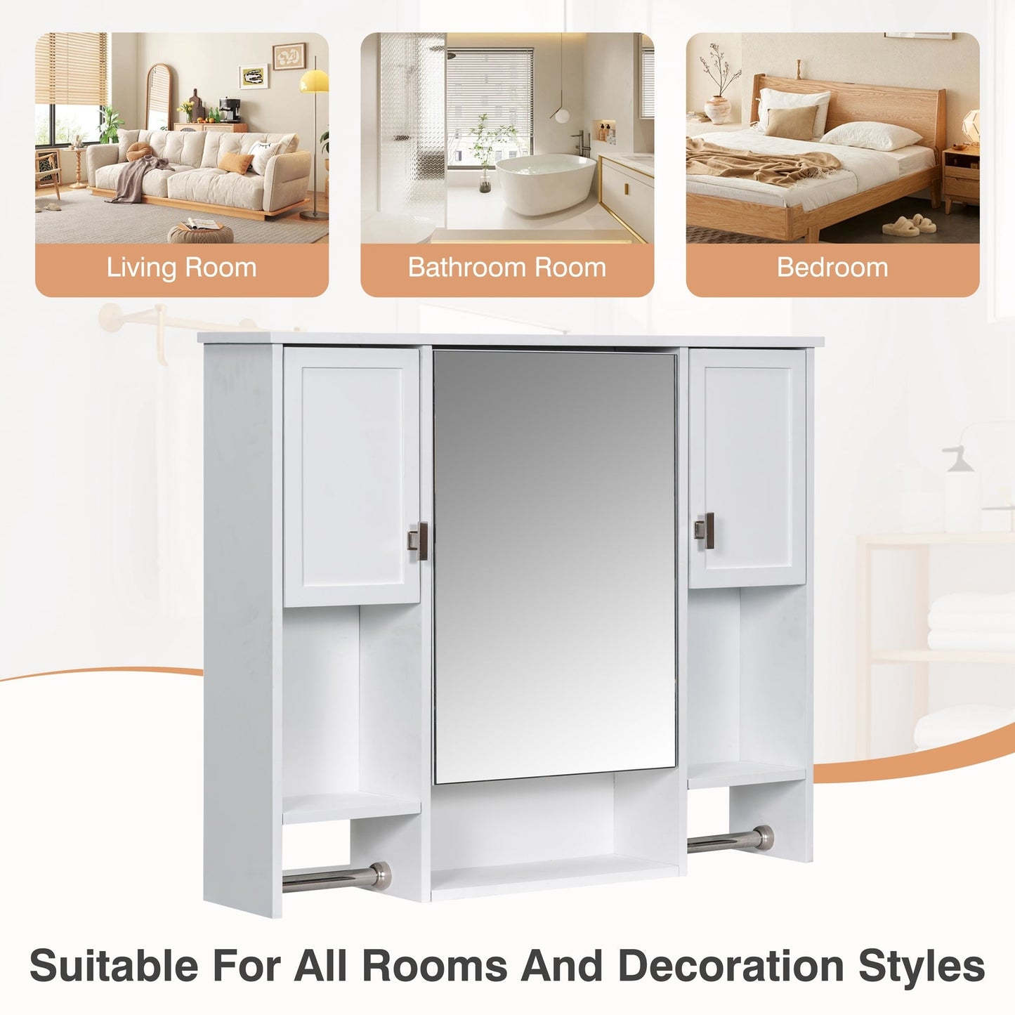 Modern Wall Mounted Bathroom Storage Cabinet with Mirror, White MDF Medicine Cabinet with Towel Bar, 35'' x 28'' - 1st Choice Furniture Direct